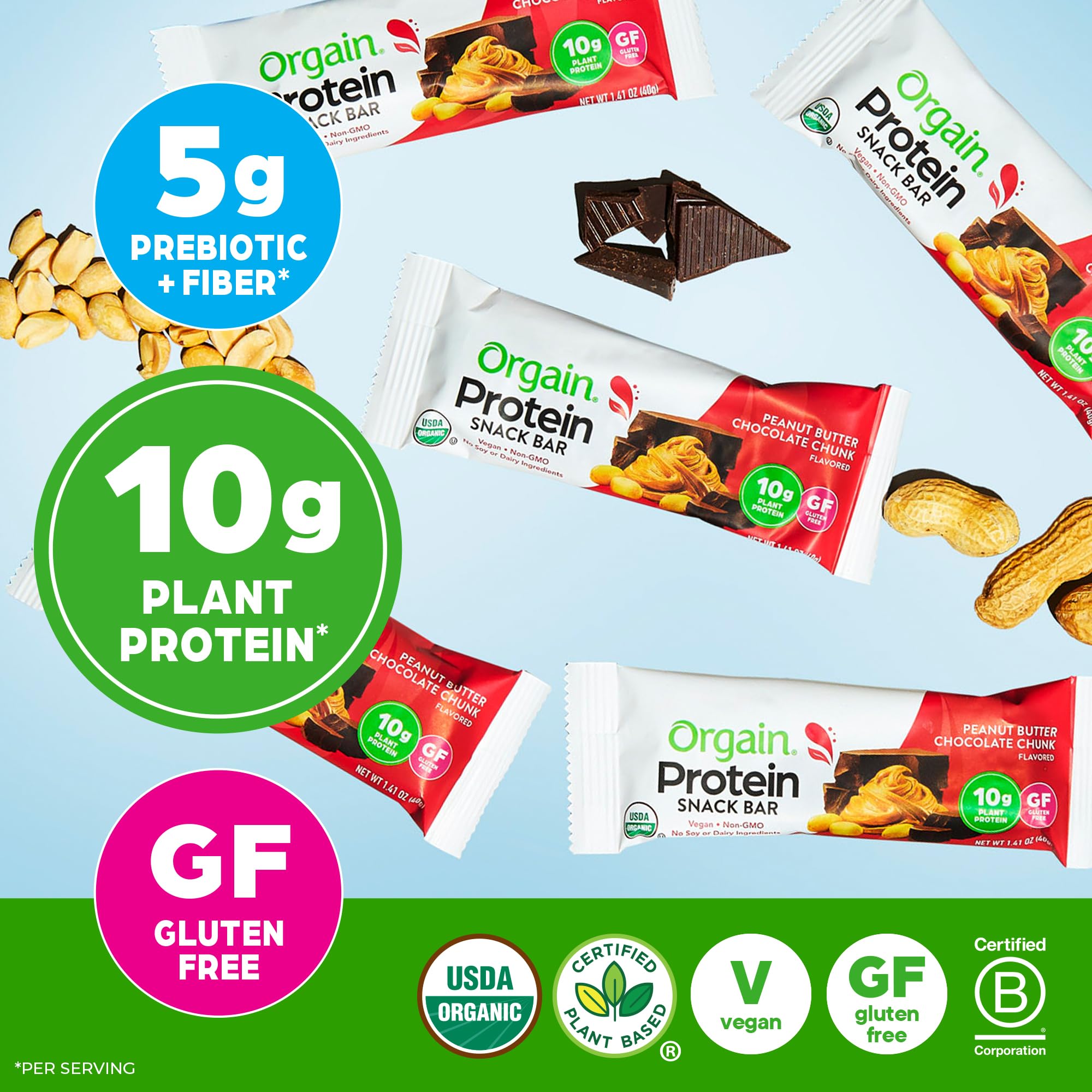 Orgain Organic Vegan Protein Bars, Peanut Butter Chocolate Chunk - 10g Plant Based Protein, Low Calorie Healthy Snacks, No Lactose or Soy Ingredients