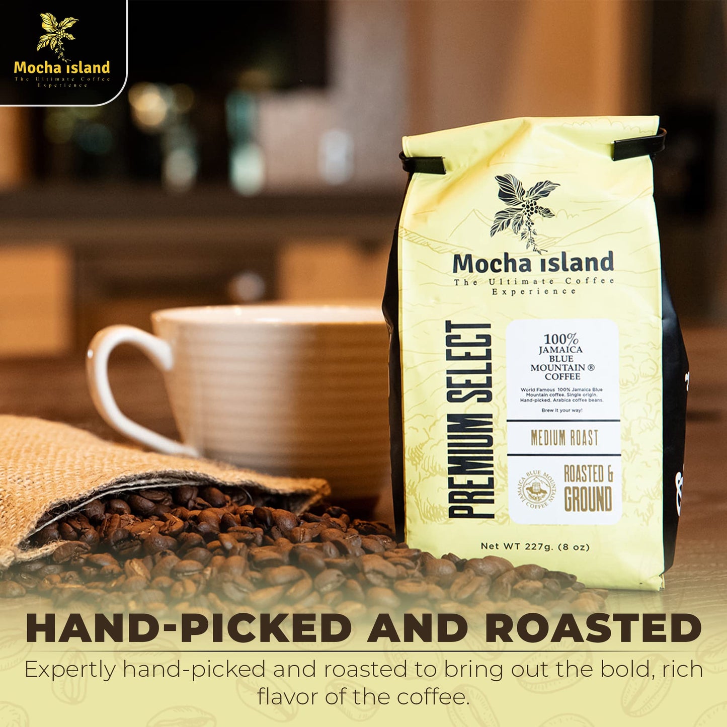 Mocha Island Blue Mountain Coffee, Medium Roast, Ground, Jamaican Coffee, 8oz
