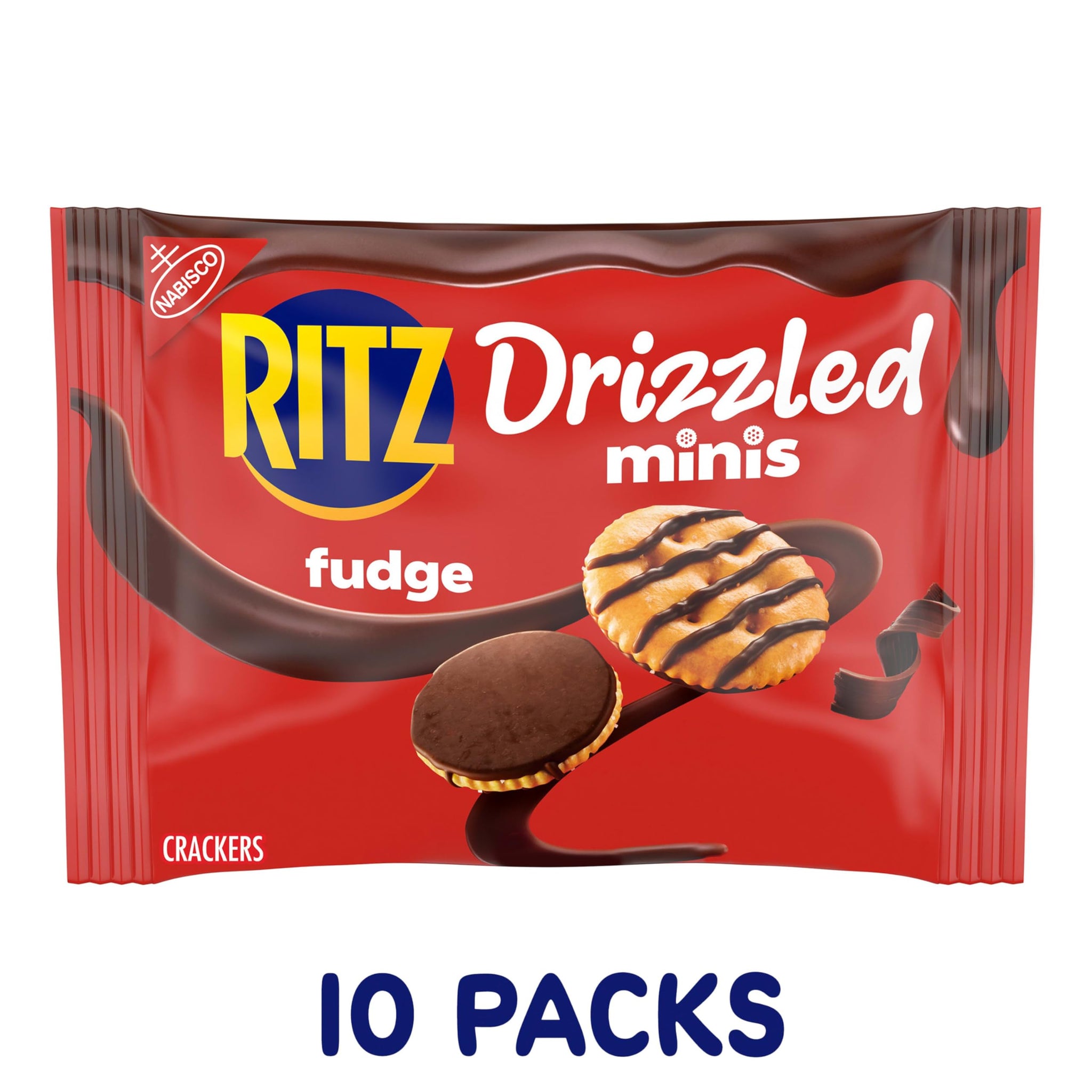 RITZ Drizzled Minis Fudge Crackers, Bulk Lunch Snacks for Kids and Adults, 10-0.9 oz Snack Packs