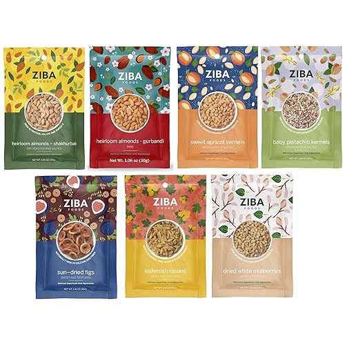 Variety Fruit & Nut Bundle by Ziba | Heirloom Almonds, Salted Pistachios, Sweet Apricot Kernels, Sun-Dried Figs, Dried White Mulberries, Kishmish