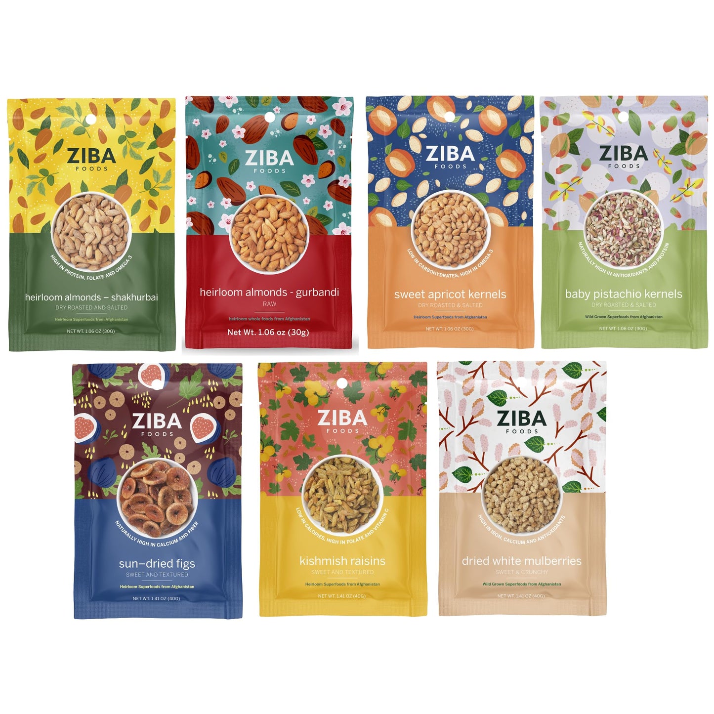 Variety Fruit & Nut Bundle by Ziba | Heirloom Almonds, Salted Pistachios, Sweet Apricot Kernels, Sun-Dried Figs, Dried White Mulberries, Kishmish