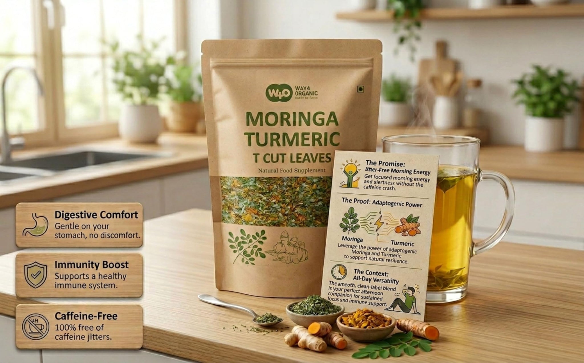 Moringa Leaves Tea with Turmeric 8 oz, Boost Immunity, Caffeine Free, One Tea with Two Benefits (Pack of 2)