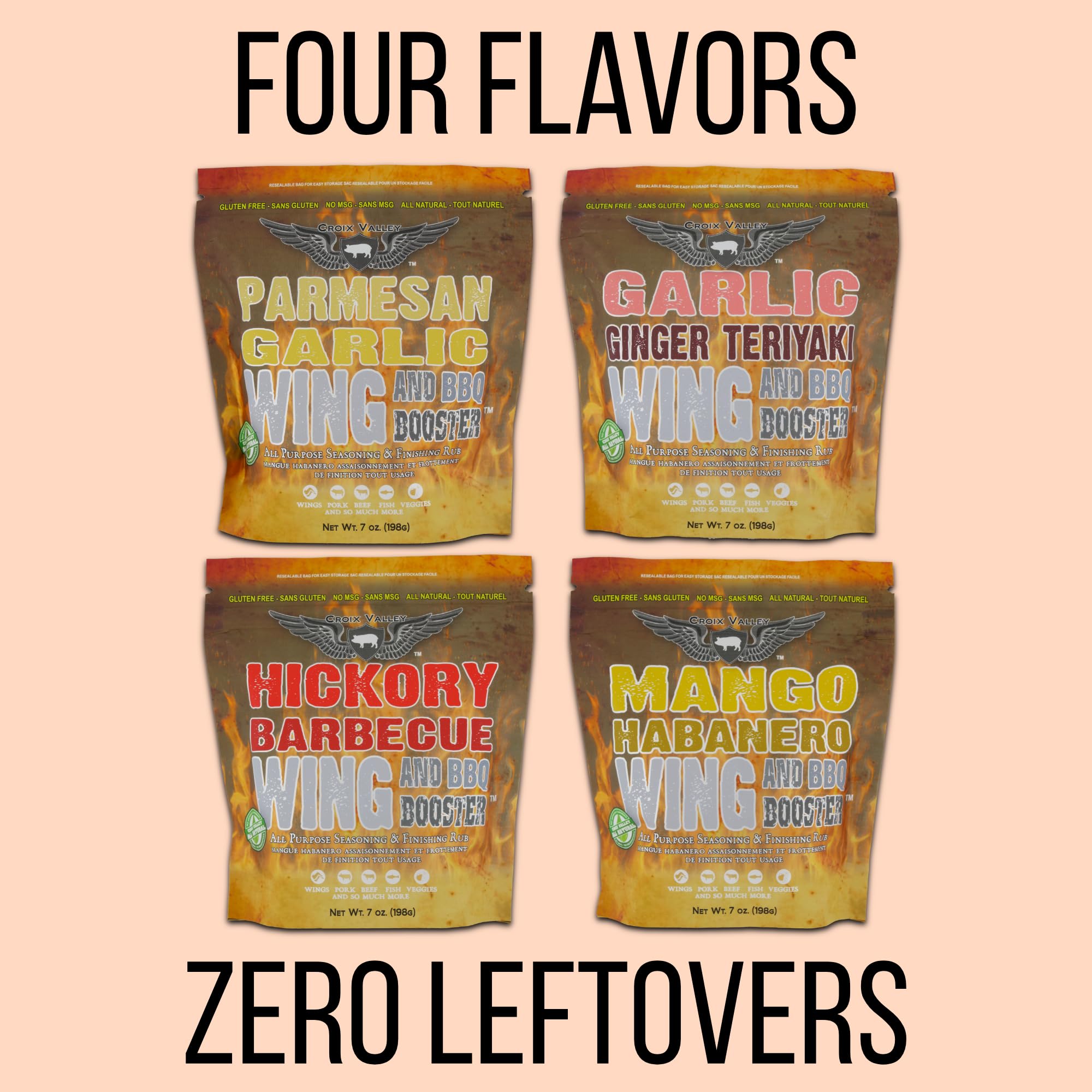 Croix Valley Wing & BBQ Booster™ Seasoning Variety Pack - 4 Pack (7 oz Foil Pouches) - Garlic Parmesan, Mango Habanero, Hickory BBQ & Teriyaki Wing