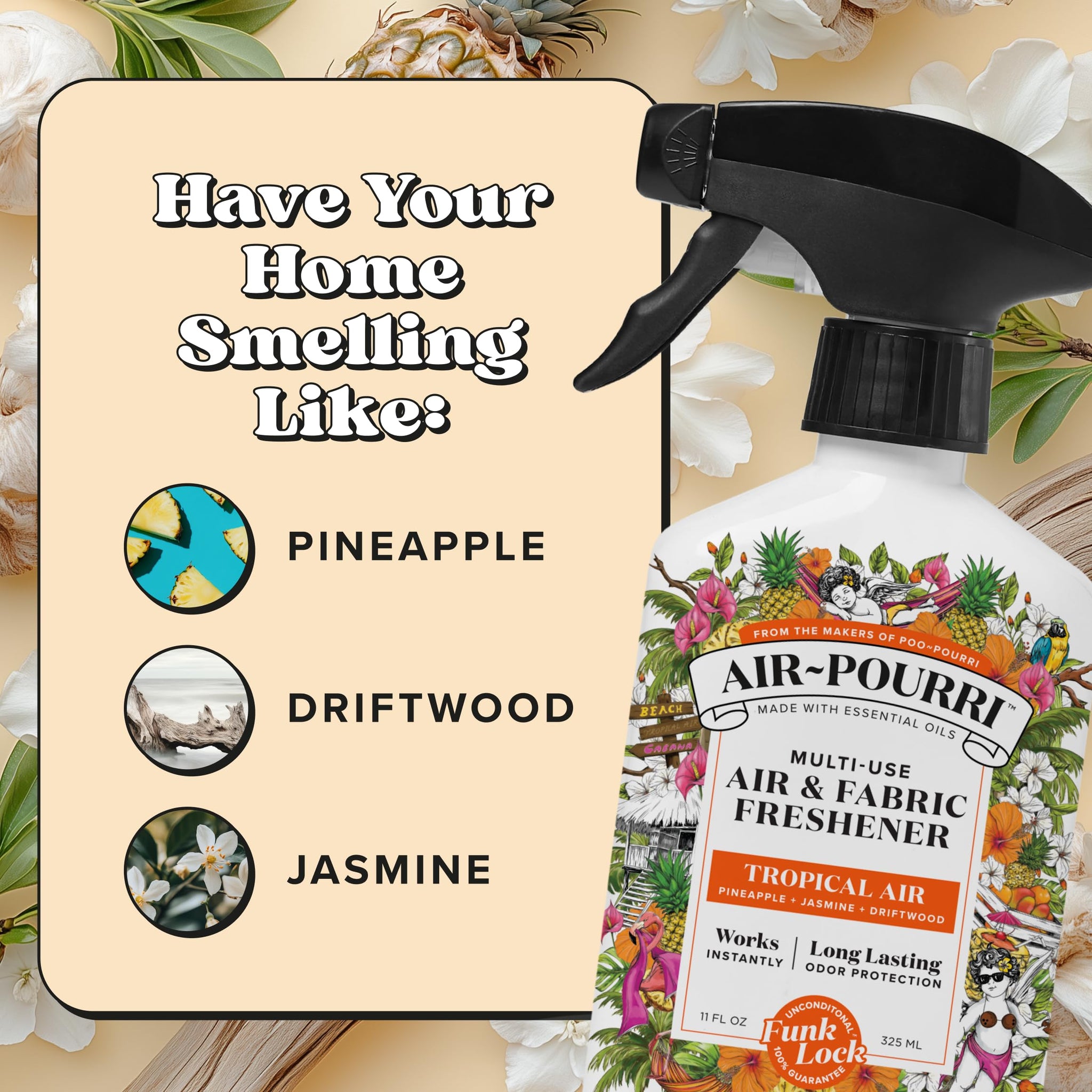Air~Pourri Air + Fabric Multi-Purpose Odor Freshener Spray, Tropical Air, 11 Fl Oz - Pineapple, Jasmine and Sandalwood (New)