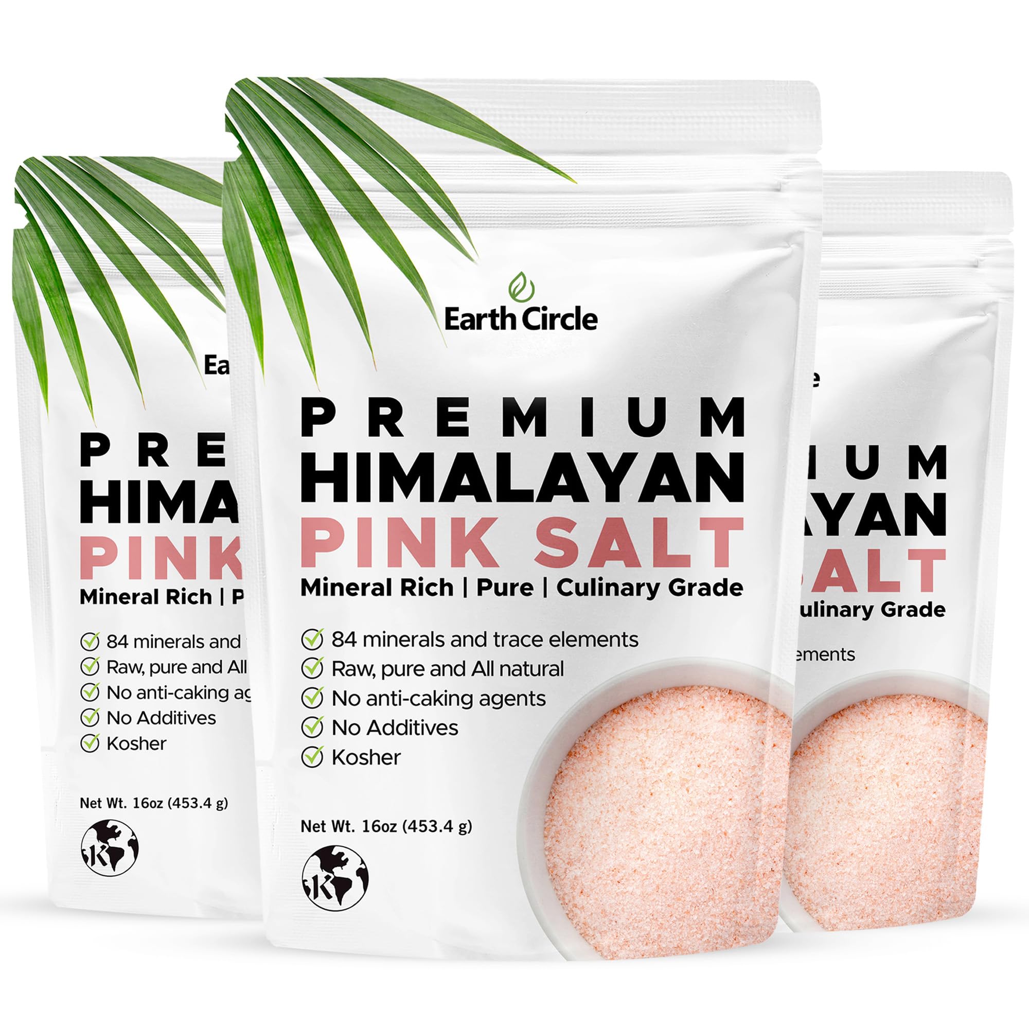 Earth Circle Premium Himalayan Unrefined Pink Fine Grain Salt, Pure Culinary Grade - Kosher, Nutrient and Mineral Dense, 1 Pound (Pack of 3)