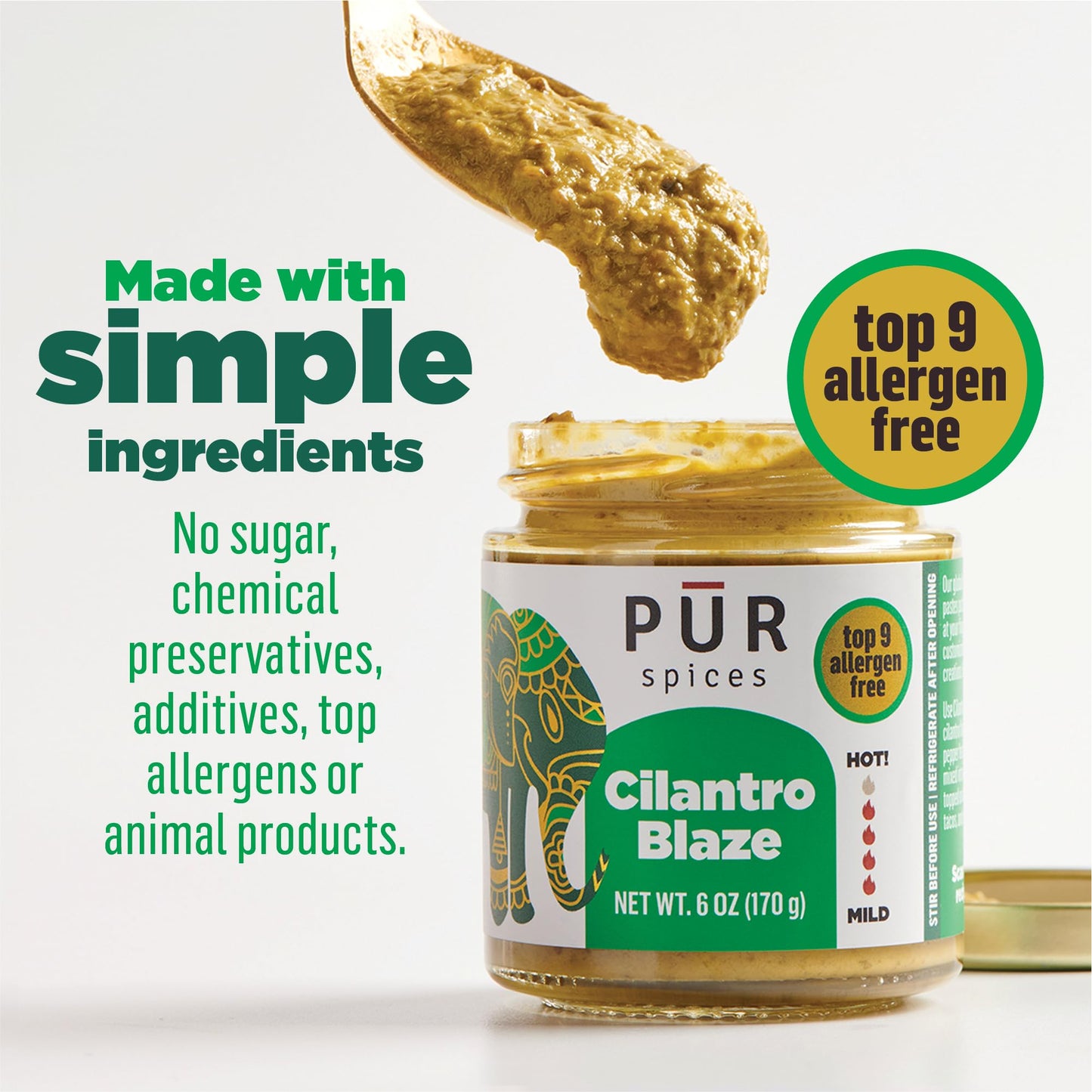 PUR Spices Cilantro Blaze I Hot Sauce & Tangy Cilantro Chutney I Fresh Cilantro, Garlic, Lime and Hot Peppers I Plant Based, Gluten Free, No Sugar
