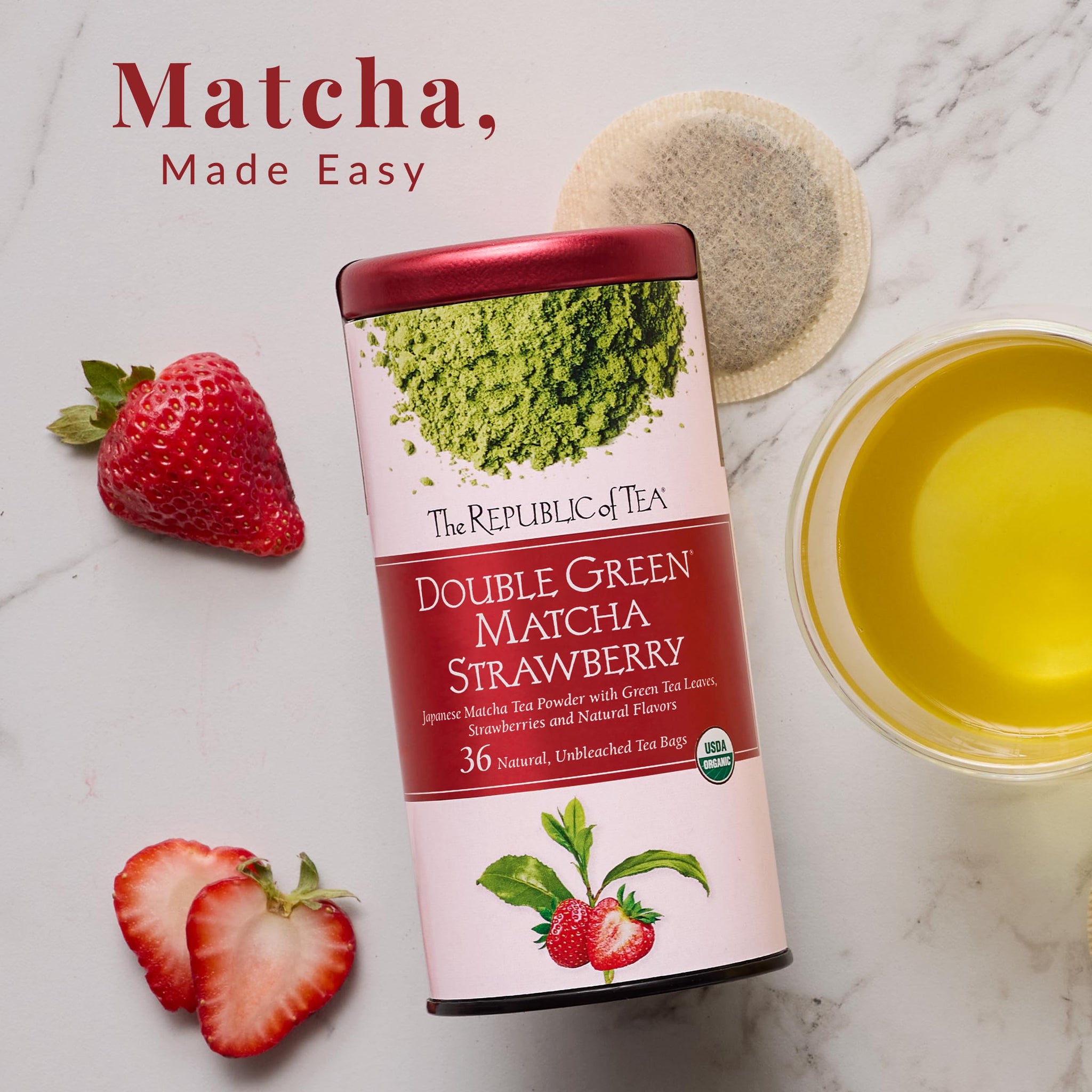 The Republic of Tea Organic Double Green Matcha Strawberry, Individual Tea Bags with Japanese Matcha Tea Powder and Green Tea Leaves Blend, Natural