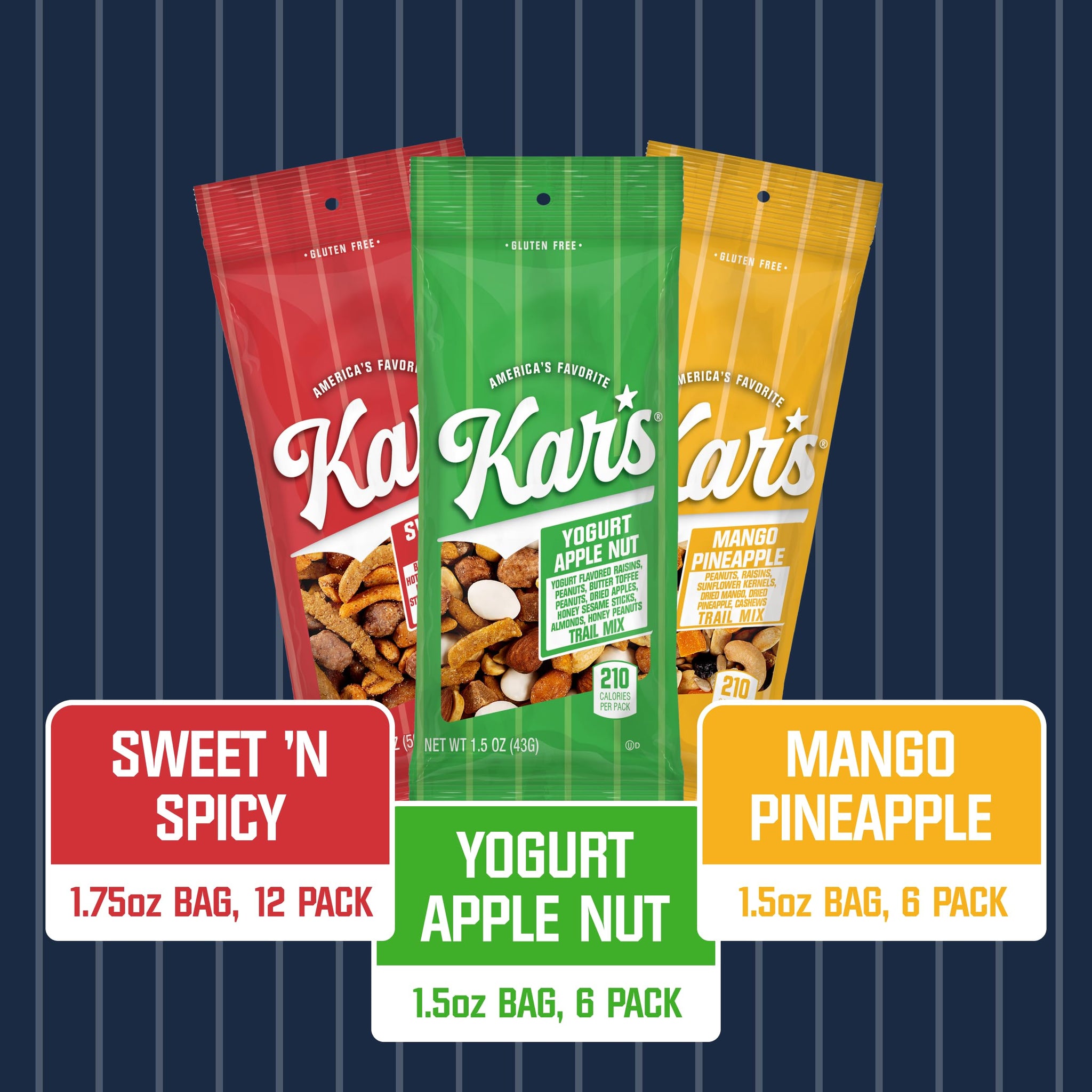 Kar’s Nuts Variety Pack Trail Mix Snacks -Yogurt Apple Nut, Mango Pineapple Mix, Sweet ‘N Spicy - Grab & Go Bags, Individual Snack Packs (Pack of 24)