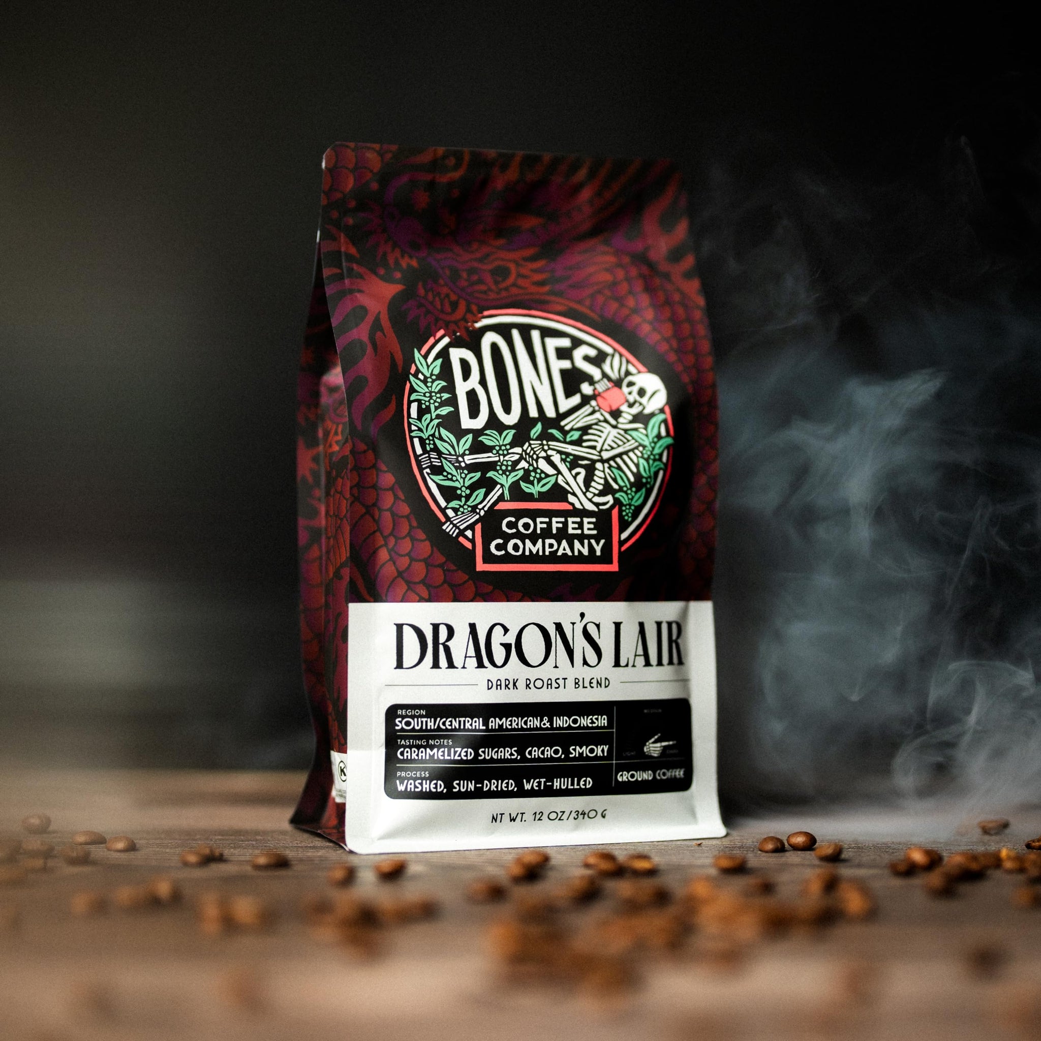 Bones Coffee Company Dragon's Lair - Dark Roast Coffee - Whole Bean - Low-Acid Arabica Coffee Beans - South/Central America and Indonesia Grown