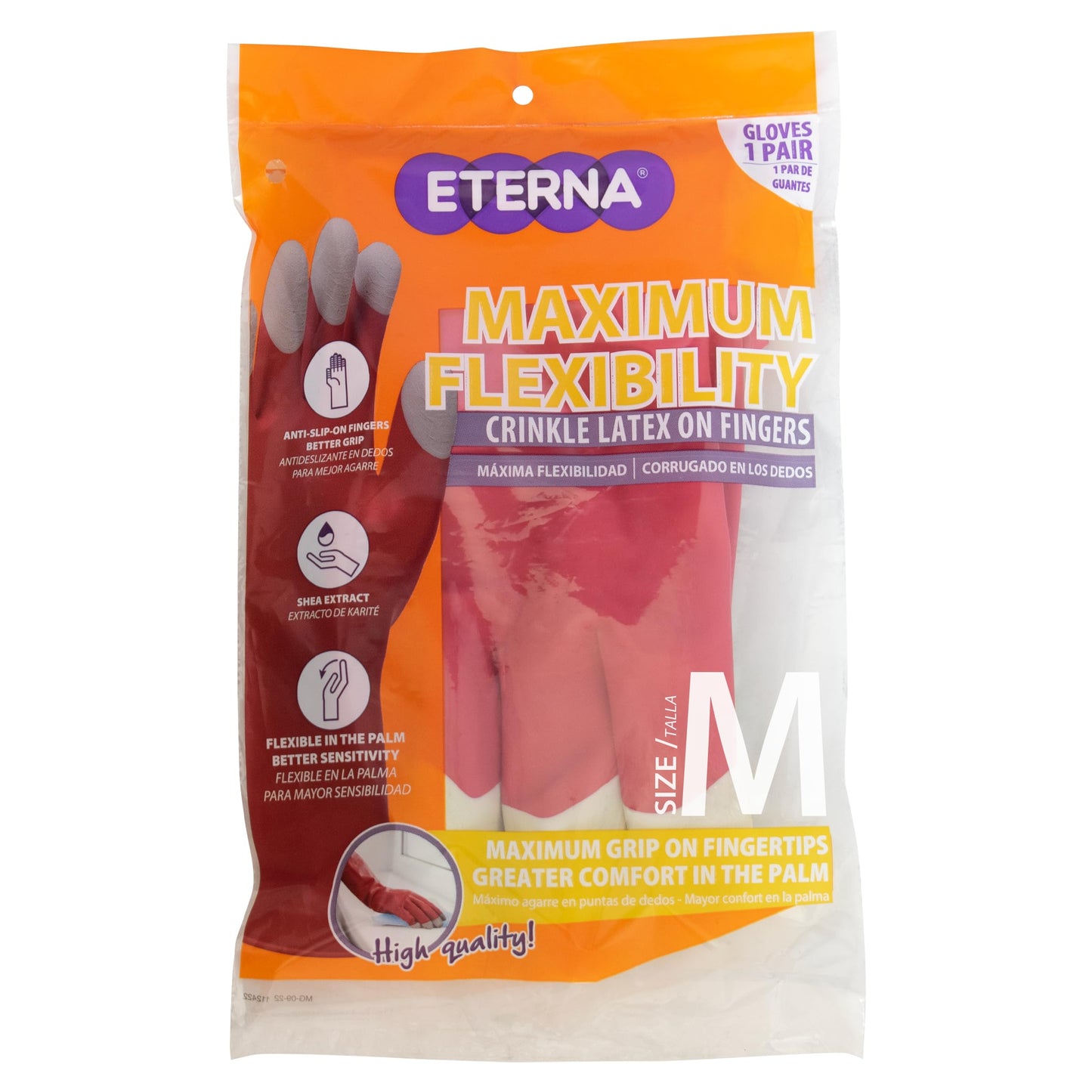 ETERNA Maximum Flexibility Gloves, Size M, Gloves for Kitchen, Laundry and Household Cleaning, Anti-Slip on Fingers, Better Grip, Shea Extract 2.36 Oz
