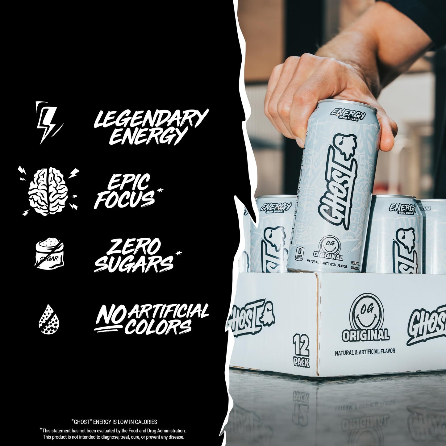 GHOST Energy Drink - 12-Pack, Original, 16oz - Energy & Focus & No Artificial Colors - 200mg of Natural Caffeine, L-Carnitine & Taurine - Gluten-Free
