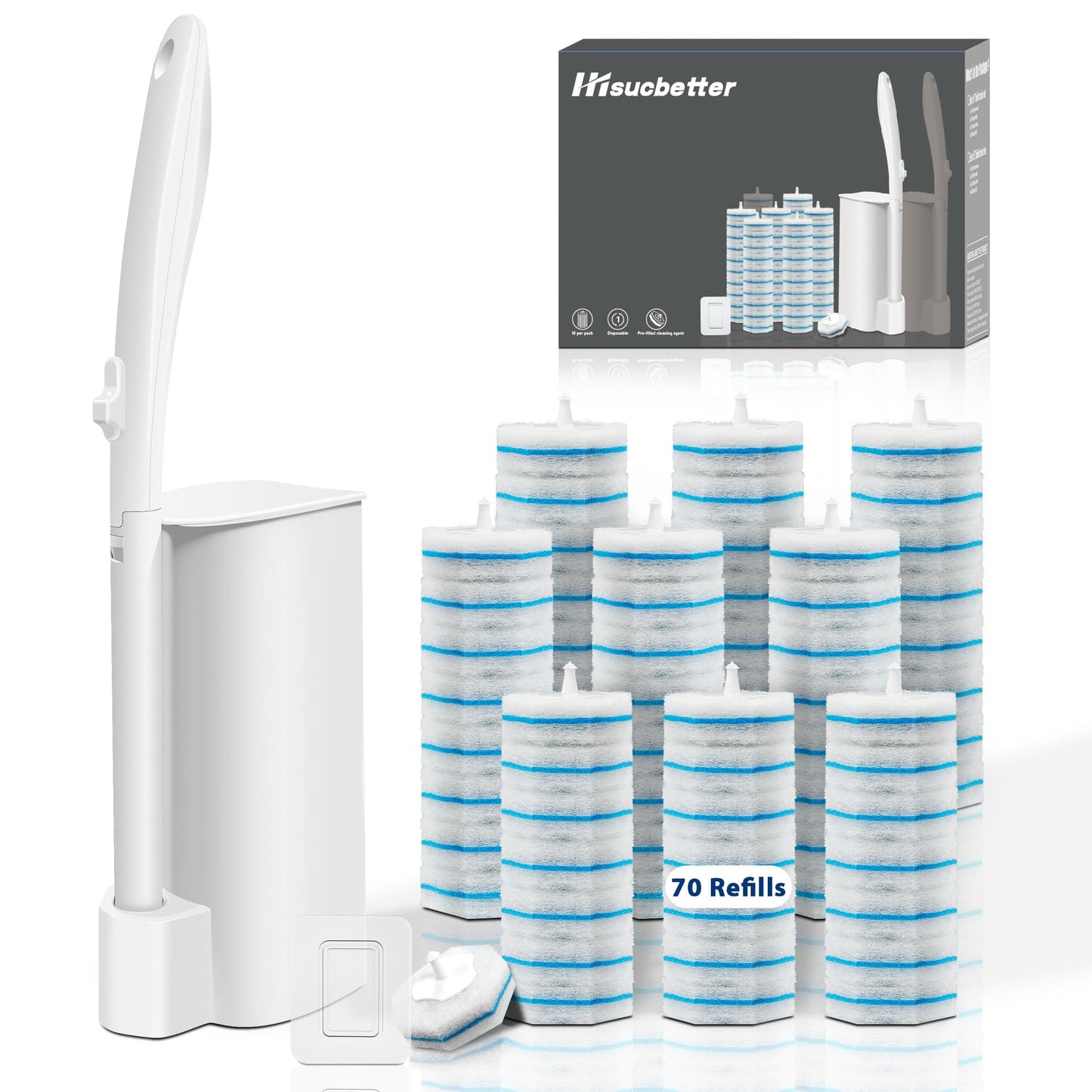 Disposable Toilet Brush with 70 Refills, Wall Mounted Toilet Bowl Cleaner Wand Kit and Holder, Bathroom Cleaning Supplies, Toilet Scrubber Disposable