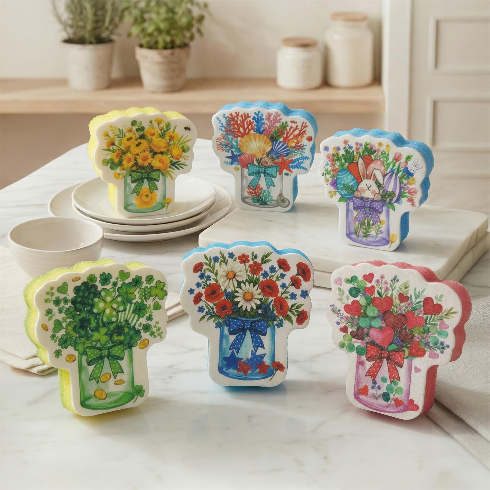 Bulimumu 3-Layer Floral Vase Dish Sponge (6 Pack) - Swedish Dishcloth Top + Soft Sponge Middle + Smart Temperature-Sensing Scrubber - Dual-Action