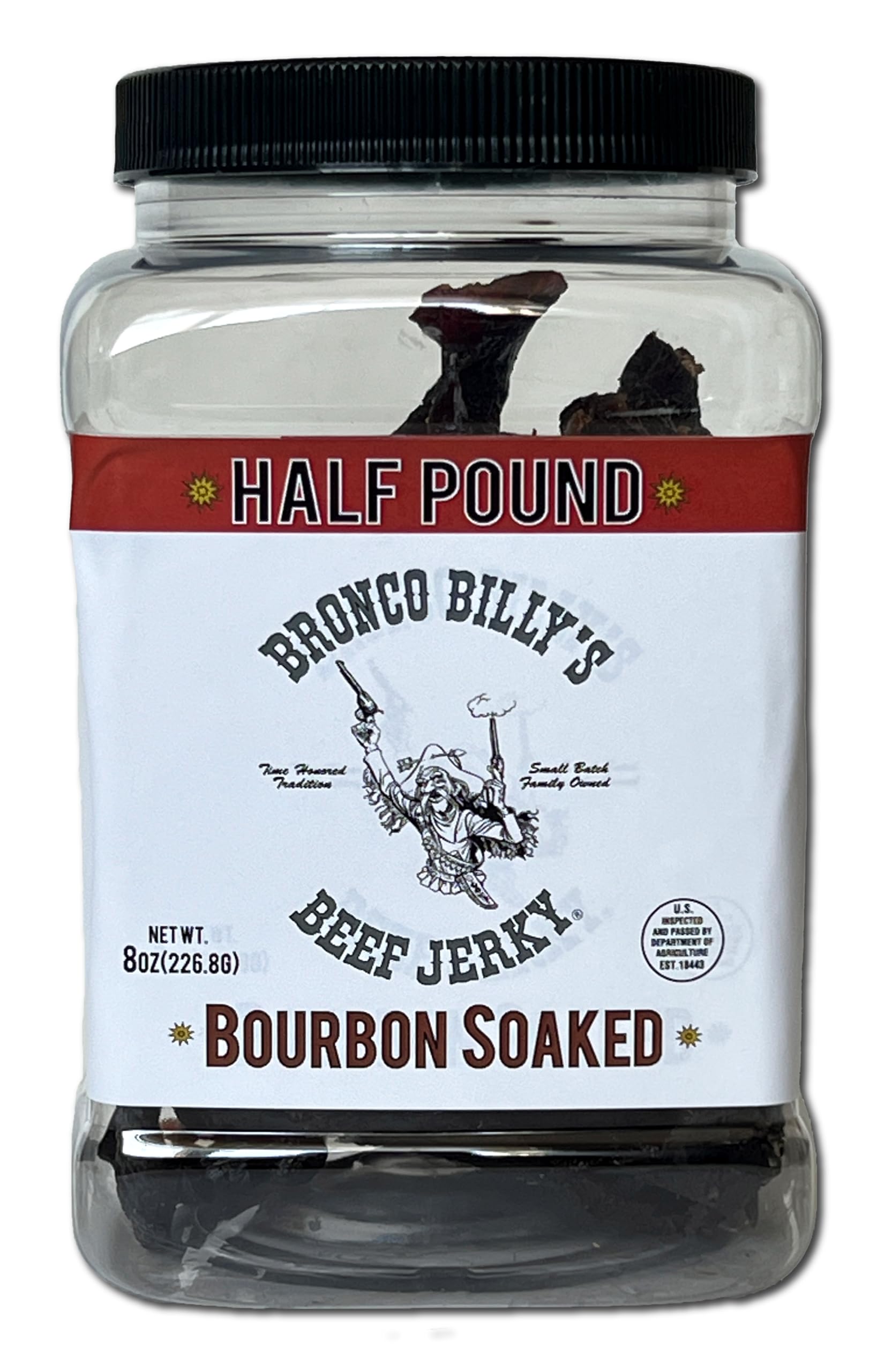 Bronco Billy's Beef Jerky Bourbon Soaked Half Pound Jar - 8oz - New Jar Design