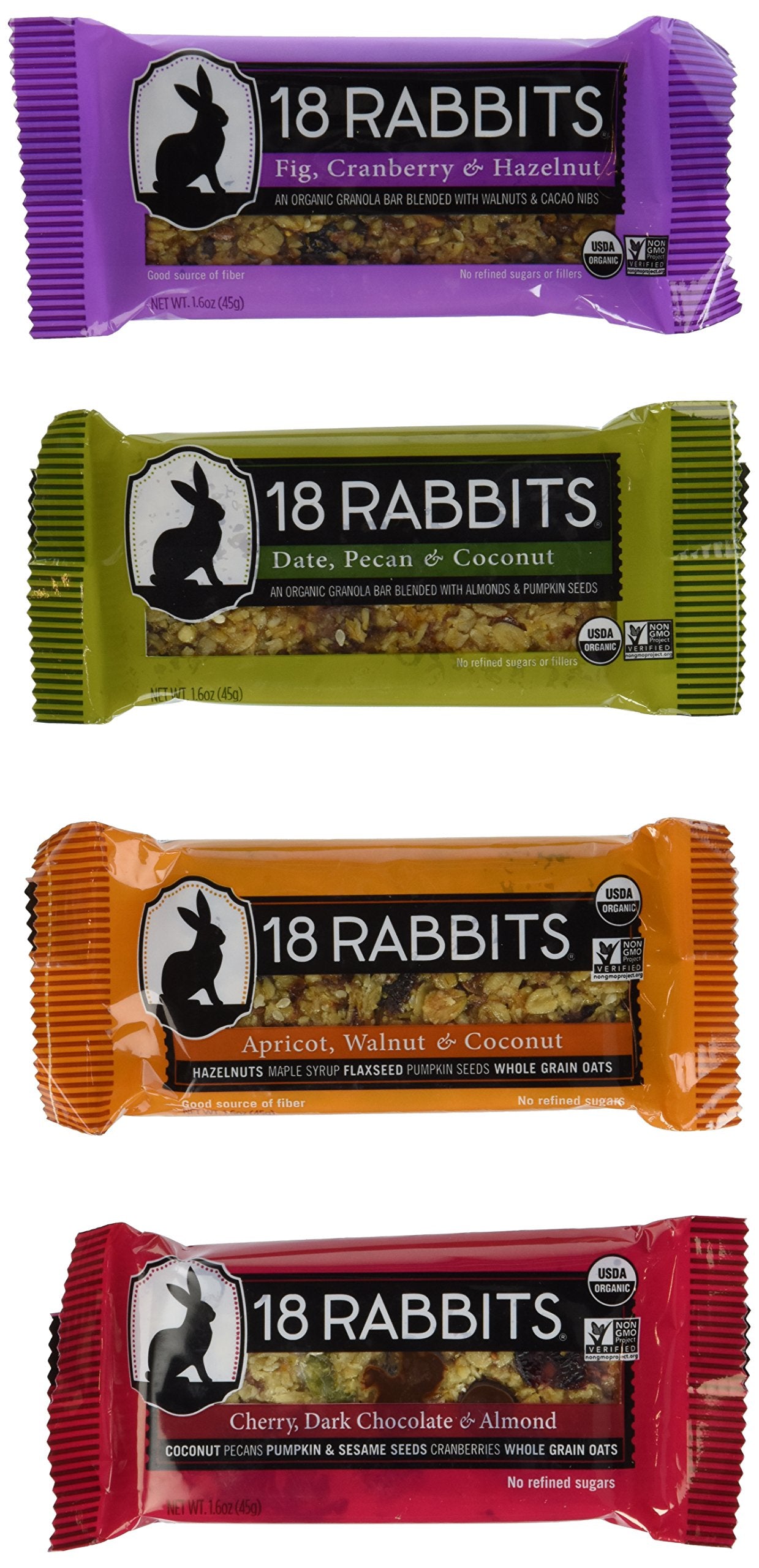 18 Rabbits Organic Granola Bar 4 Flavor Variety Pack, 1.6 oz Bars (Pack of 12)