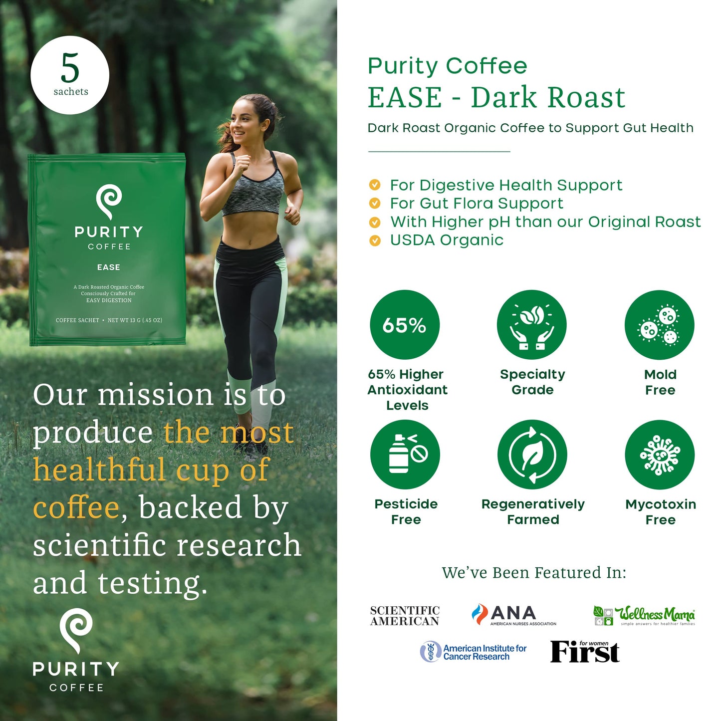 Purity Coffee EASE Low Acid Dark Roast Single Serve Sachets (5ct Box) | Specialty-Grade USDA Organic Arabica Blend | Third Party Tested for Mold