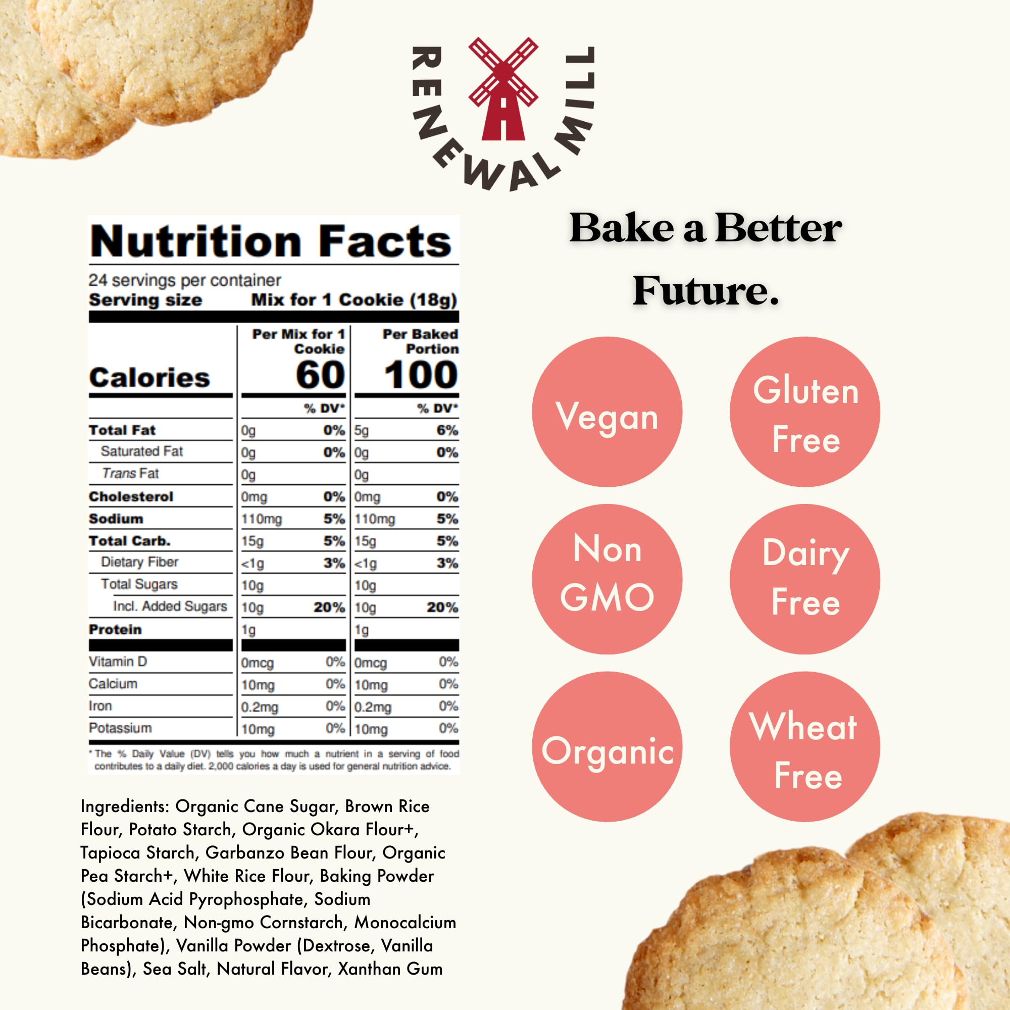 Renewal Mill Sugar Cookie Mix 15 oz, Gluten-Free, Vegan, Non-GMO, Upcycled Ingredients I Easy to Make, Only Requires Oil and Water, Kid-Friendly | Packaging May Vary