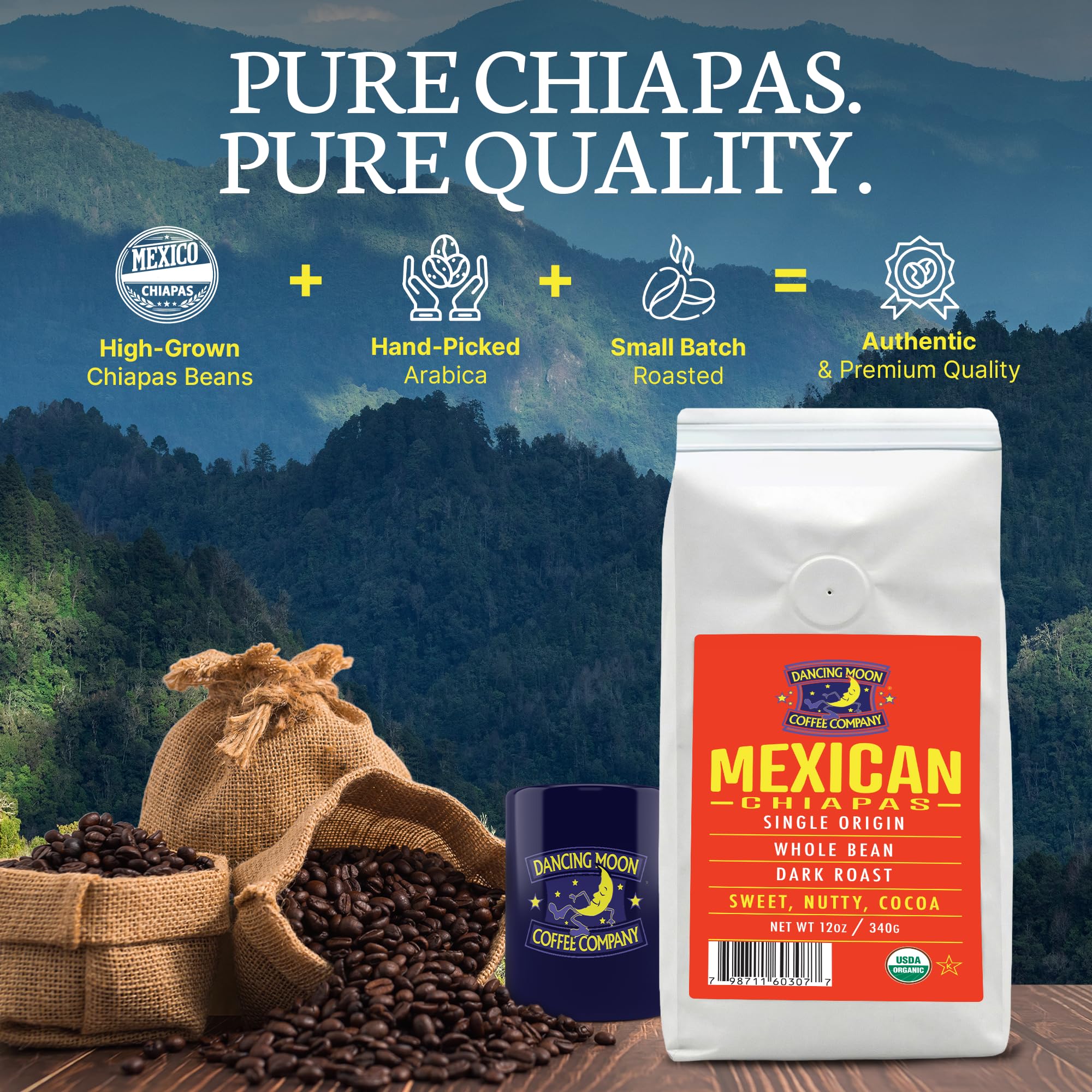 Dancing Moon Dark Roast, Mexican Chiapas Organic Whole Bean Coffee (1-pack)