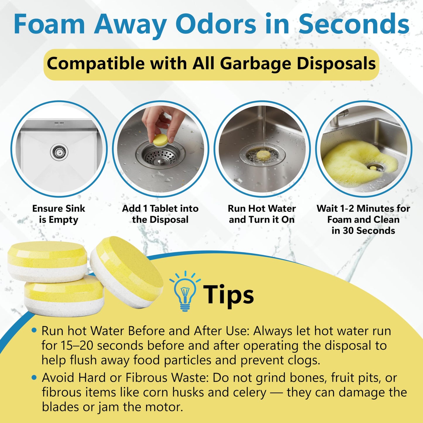 WIPEOUTX Garbage Disposal Cleaner Tablets - 24 Pack (1-Year Supply) Powerful Foaming Lemon Scented Kitchen Sink Freshener Drain & Pods Odor Eliminator