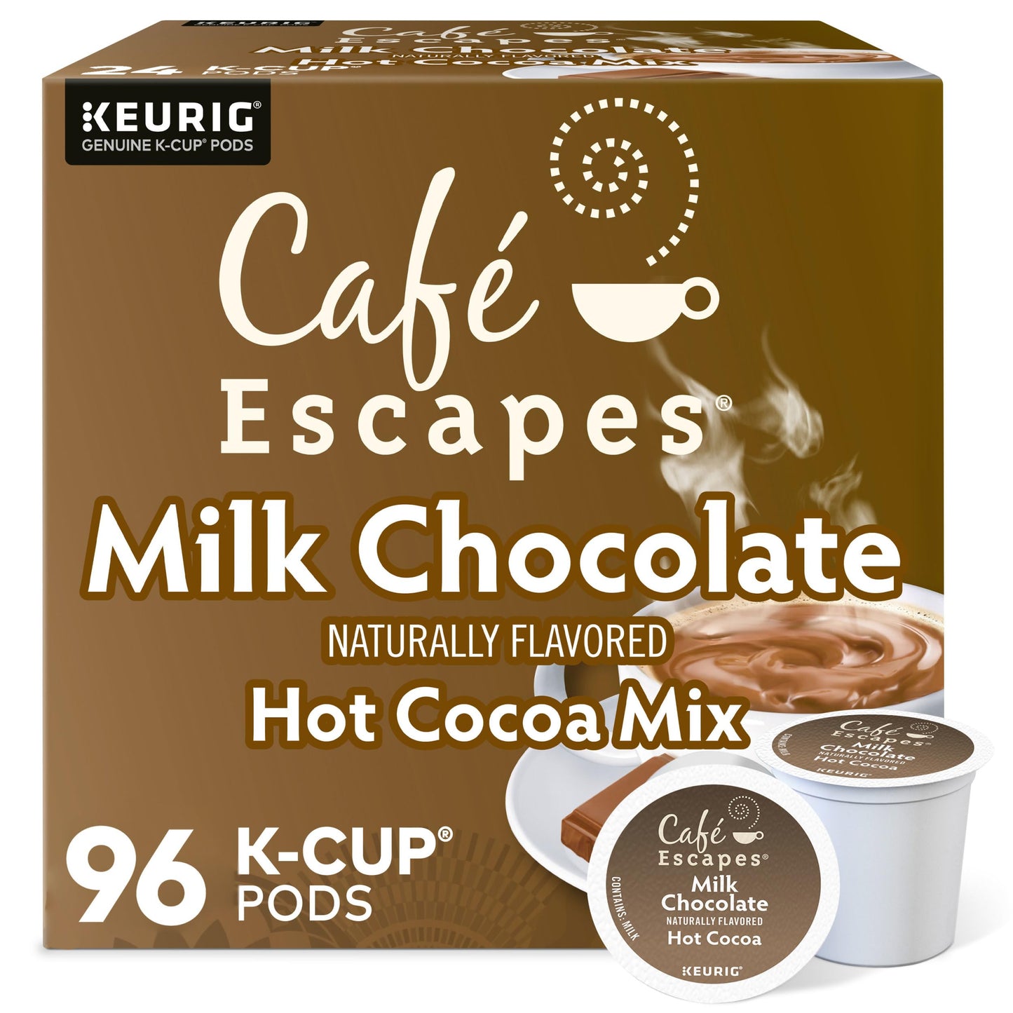 Cafe Escapes, Milk Chocolate Hot Cocoa, Single-Serve Keurig K-Cup Pods, 96 Count (4 Boxes of 24 Pods)