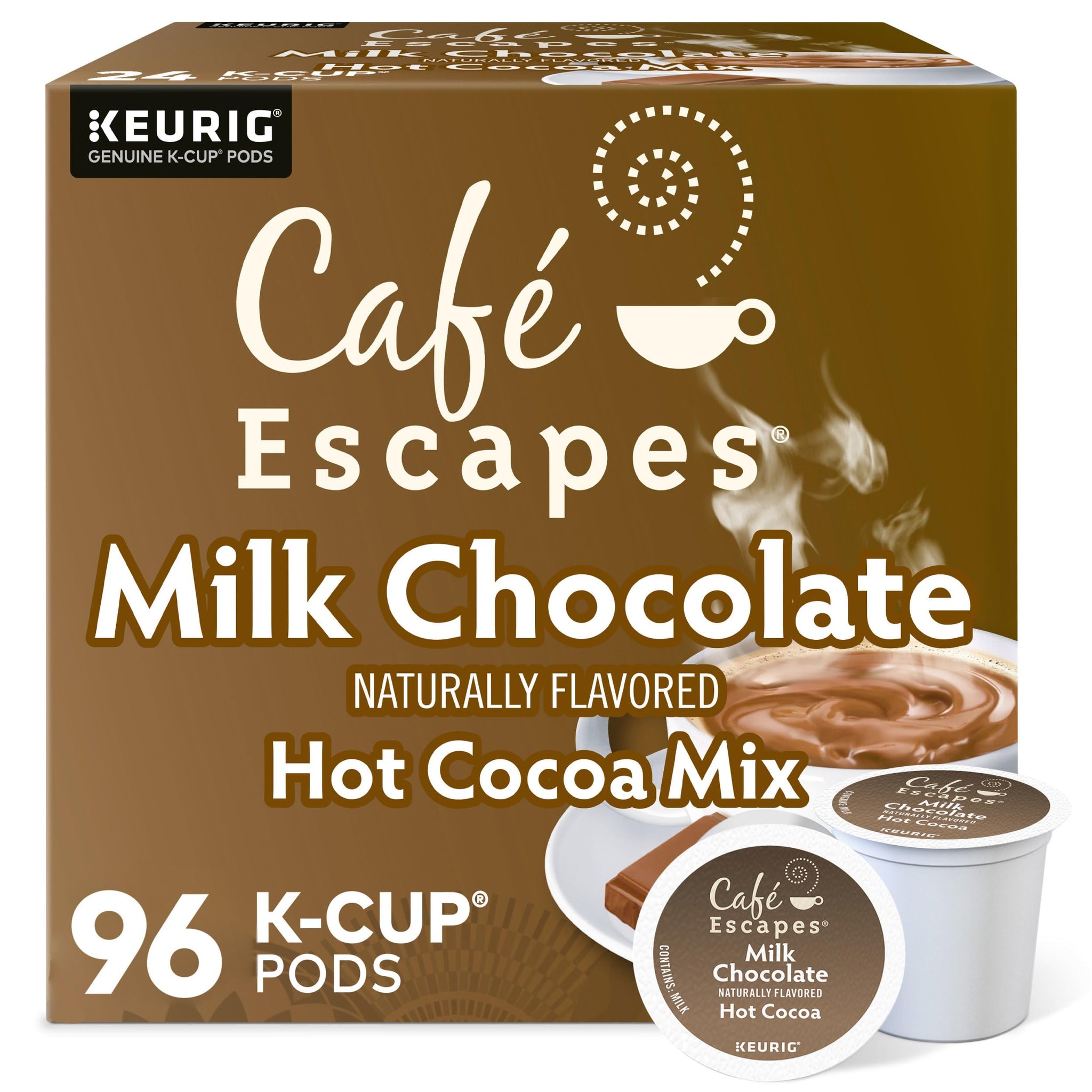 Cafe Escapes, Milk Chocolate Hot Cocoa, Single-Serve Keurig K-Cup Pods, 96 Count (4 Boxes of 24 Pods)