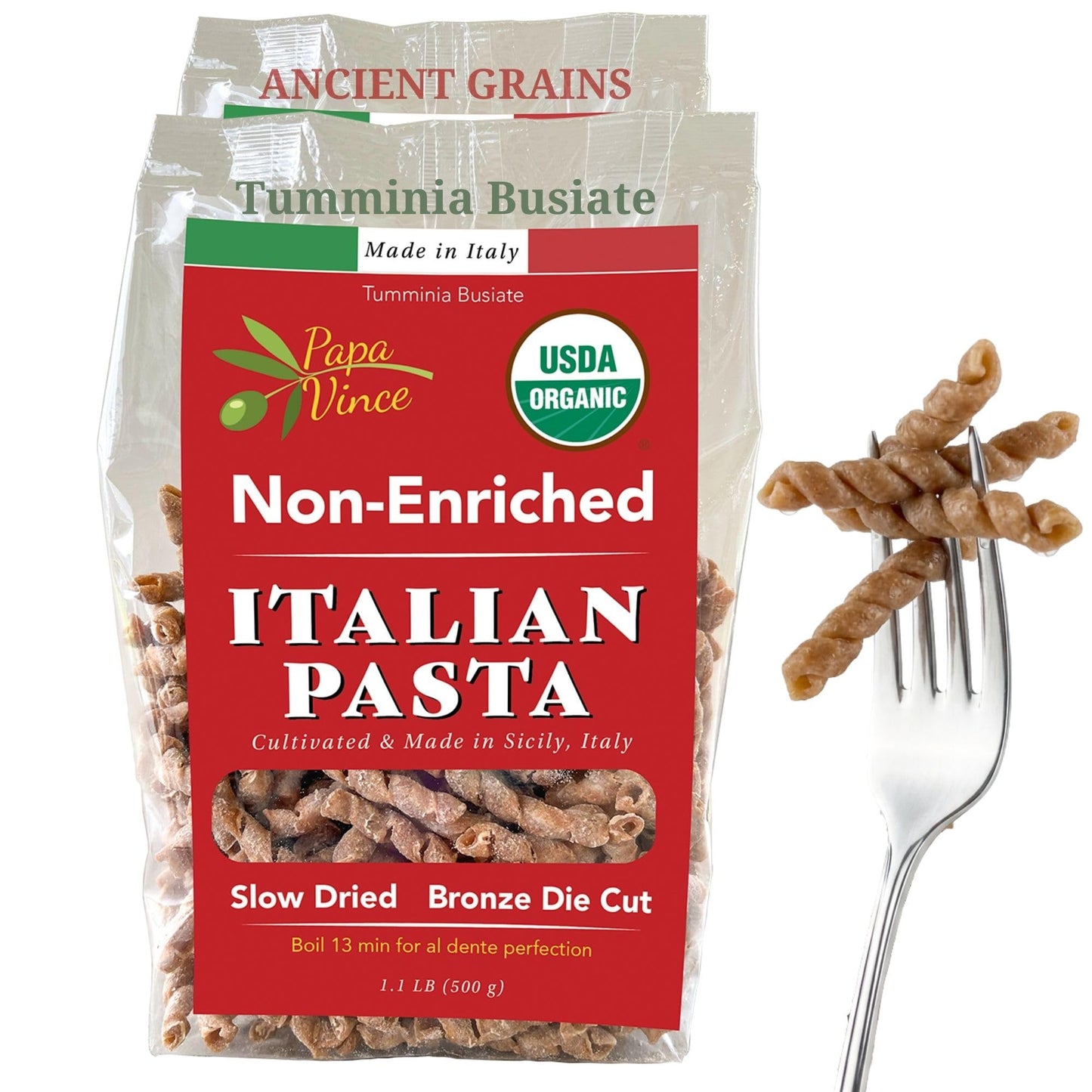Papa Vince Organic Italian Pasta - Imported Whole Wheat Heirloom Grain from Italy: Non-Enriched, Bronze Die-Cut, High Fiber, Slow Carb, Slow-Dried