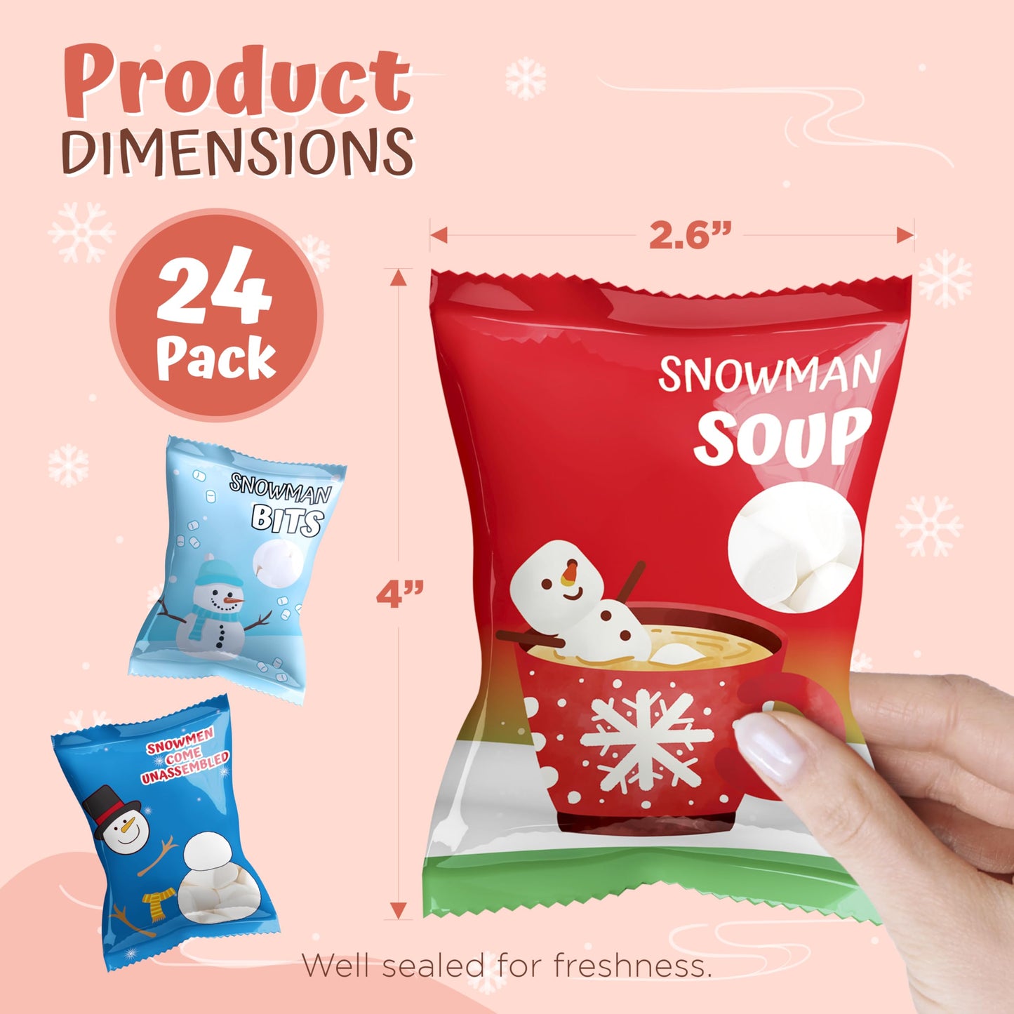 4E's Novelty 24 Packets 3 Assorted Christmas Mini Marshmallows - Individually Wrapped Snowman Marshmallows Packs for Hot Chocolate & Hot Cocoa