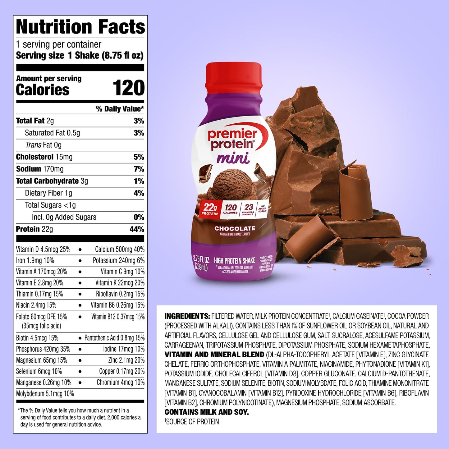 Premier Protein Shake MINIs, Chocolate, 22g Protein, 120 Calories, No Added Sugar, 8.75 fl oz, 12 Pack