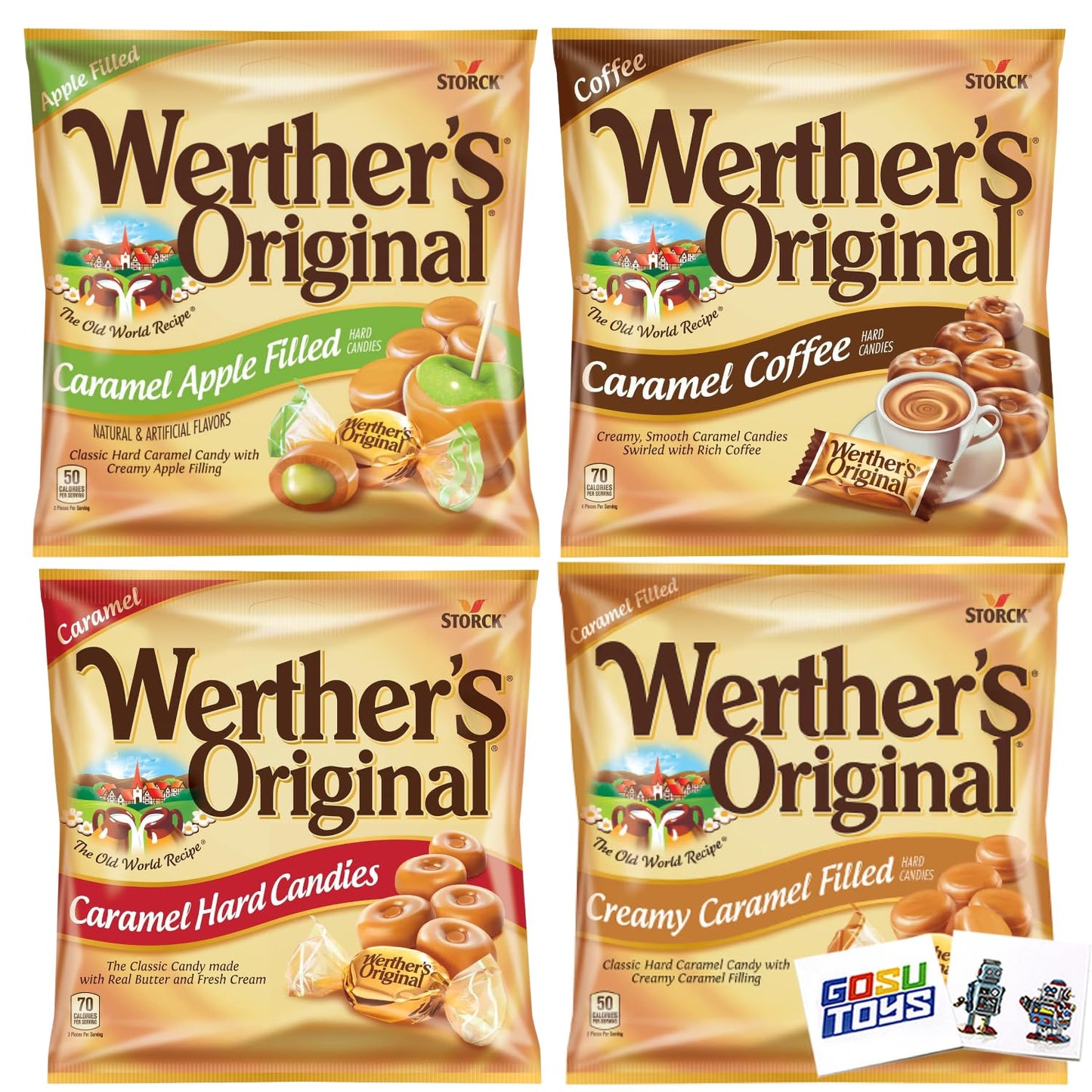 Caramel Candy 4 Pack (All 2.65oz - Original, Apple, Coffee, Creamy) with 2 Gosutoys Stickers