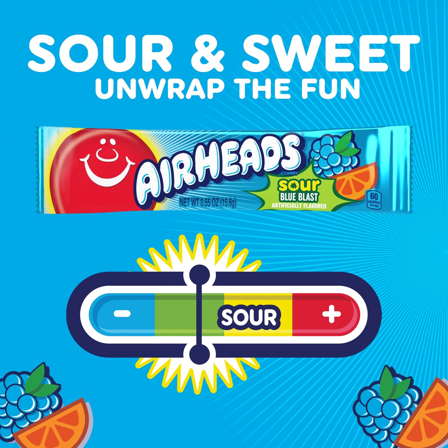 Airheads SOUR Candy Bars, Sour Blue Blast Flavored, Bulk, Concessions, Parties, Pack of 36 Bars