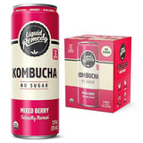 Liquid Remedy Kombucha Sugar Free Organic Drink, Low Calorie, Probiotic Like Tea for Gut Health - Mixed Berry - 12 Fl Oz Can, 4-Pack