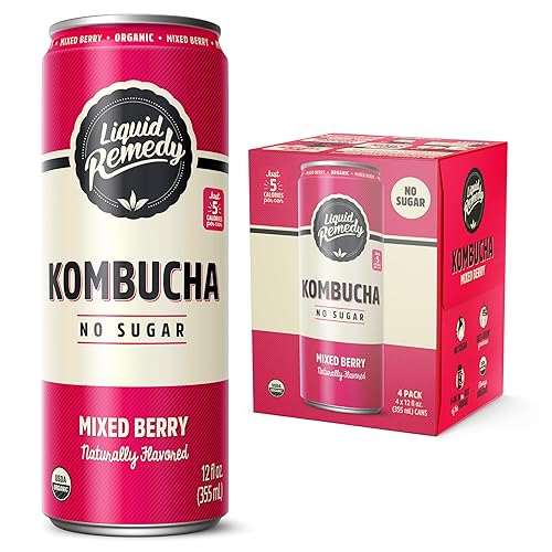 Liquid Remedy Kombucha Sugar Free Organic Drink, Low Calorie, Probiotic Like Tea for Gut Health - Mixed Berry - 12 Fl Oz Can, 4-Pack