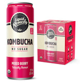 Liquid Remedy Kombucha Sugar Free Organic Drink, Low Calorie, Probiotic Like Tea for Gut Health - Mixed Berry - 12 Fl Oz Can, 4-Pack