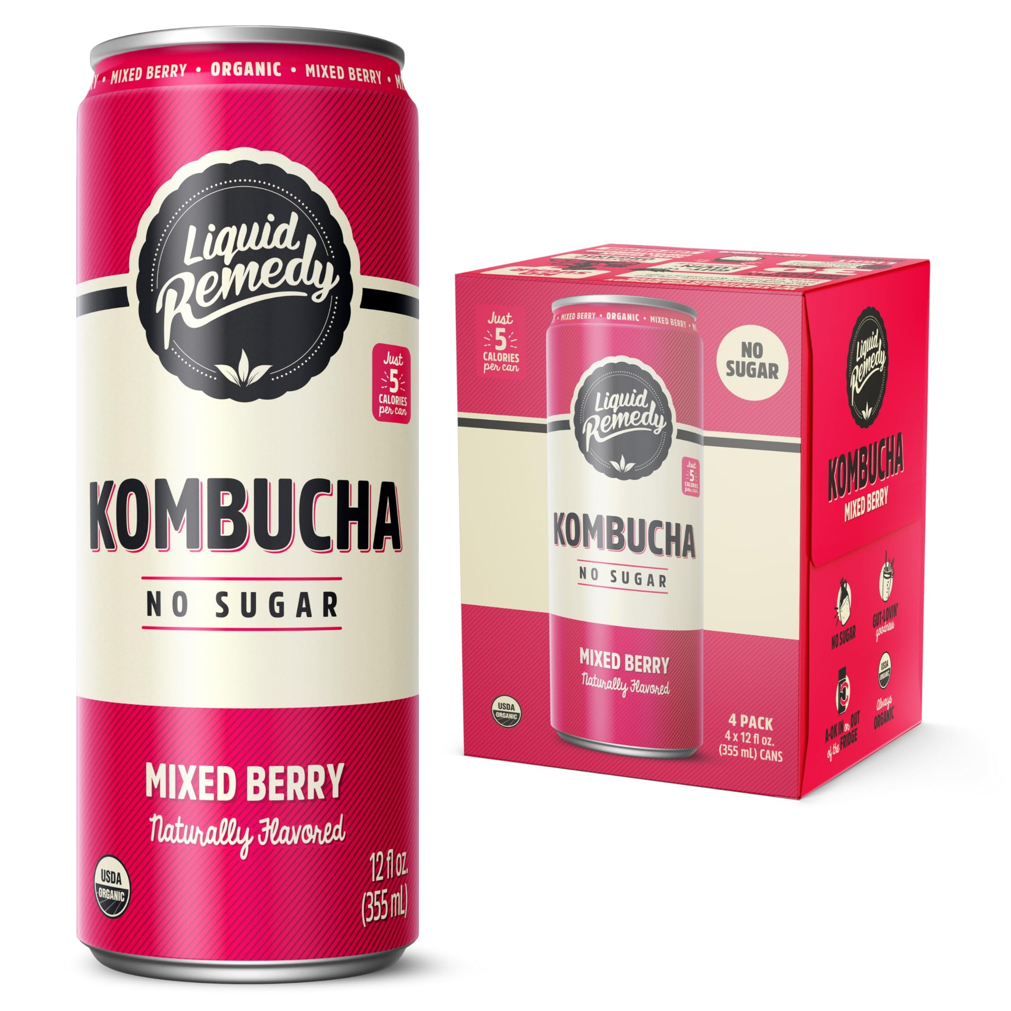 Liquid Remedy Kombucha Sugar Free Organic Drink, Low Calorie, Probiotic Like Tea for Gut Health - Mixed Berry - 12 Fl Oz Can, 4-Pack