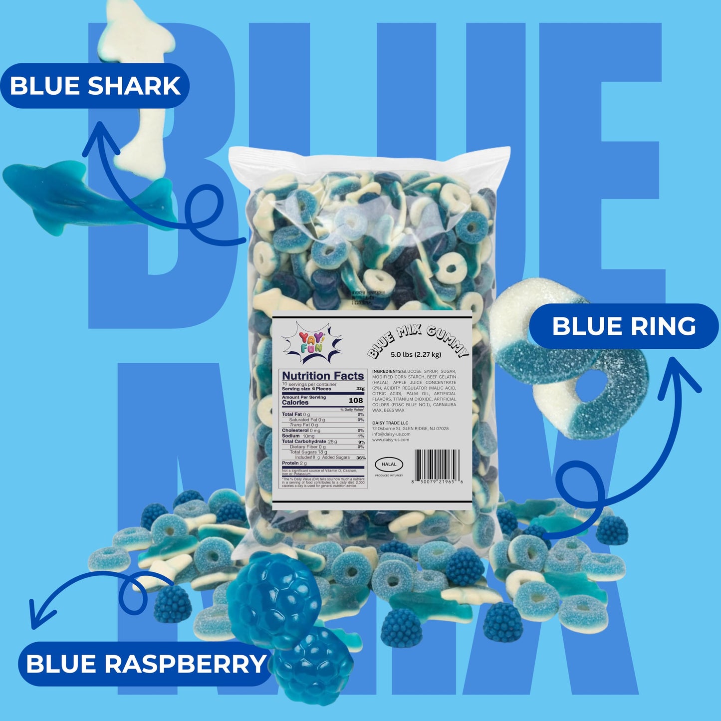 Blue Gummy Candy Mix | 5 Pound Bag | Halal Blue Raspberry Gummy, Rings, Gummy Shark | Blue Gummies for Candy Buffets, Halal Candy, Gummy in Bulk, Fun