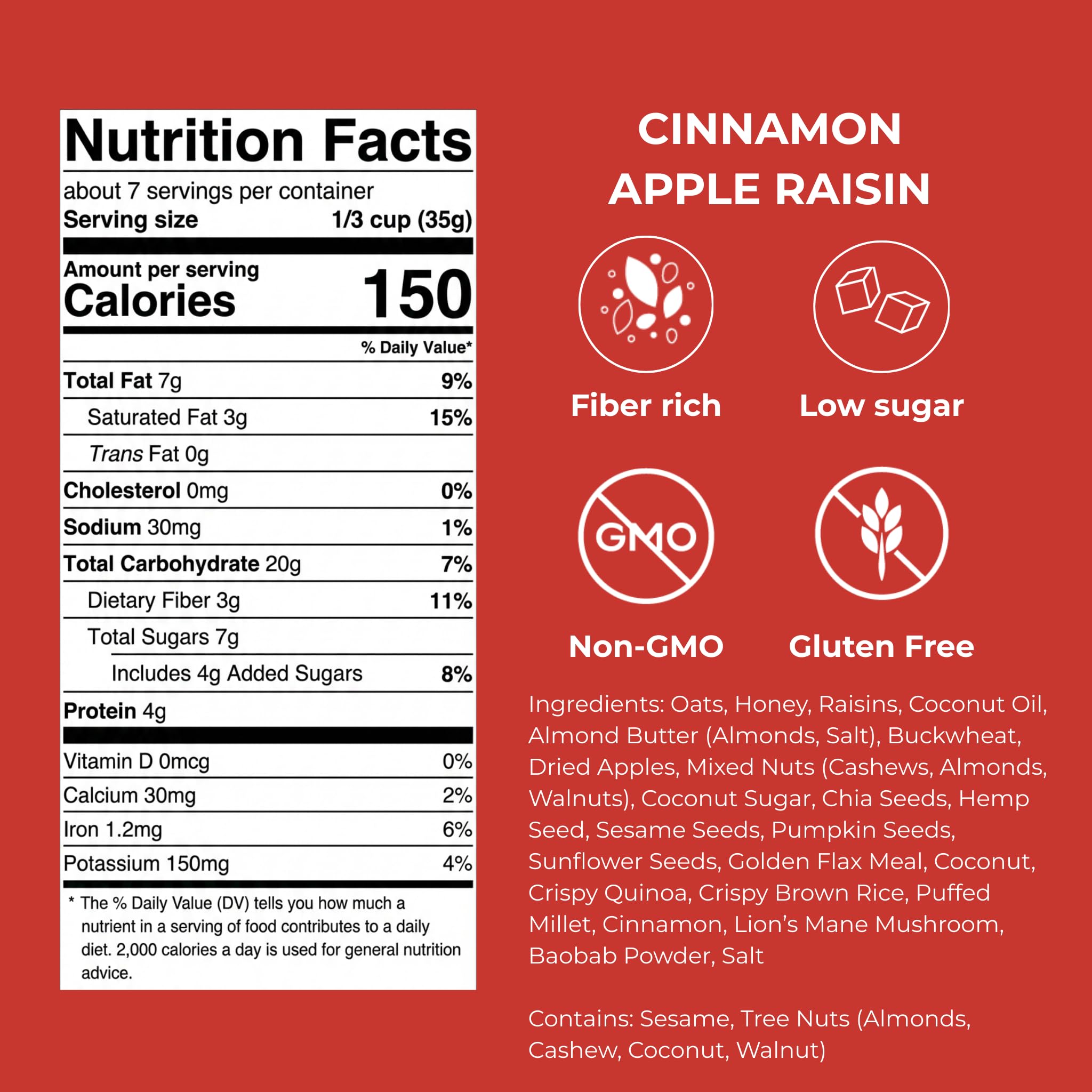 gutBFF Low Sugar Granola - Gluten Free Healthy Granola with Lion’s Mane Mushroom & Baobab Superfruit for Gut Health - 5g or Less Added Sugar Breakfast