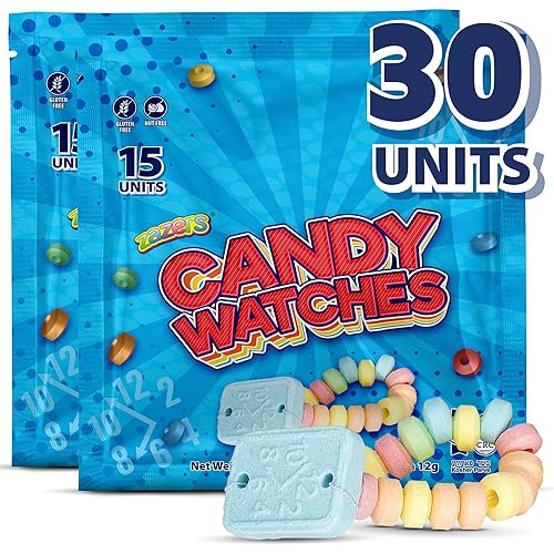 30 Candy Bracelet Watches Party Favors - Pack of 30 Blue Individually Wrapped Candy Bracelets with Colorful Fruit Flavor - Stretchable, Edible, Fruity