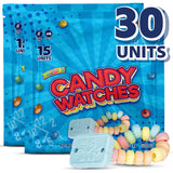 30 Candy Bracelet Watches Party Favors - Pack of 30 Blue Individually Wrapped Candy Bracelets with Colorful Fruit Flavor - Stretchable, Edible, Fruity