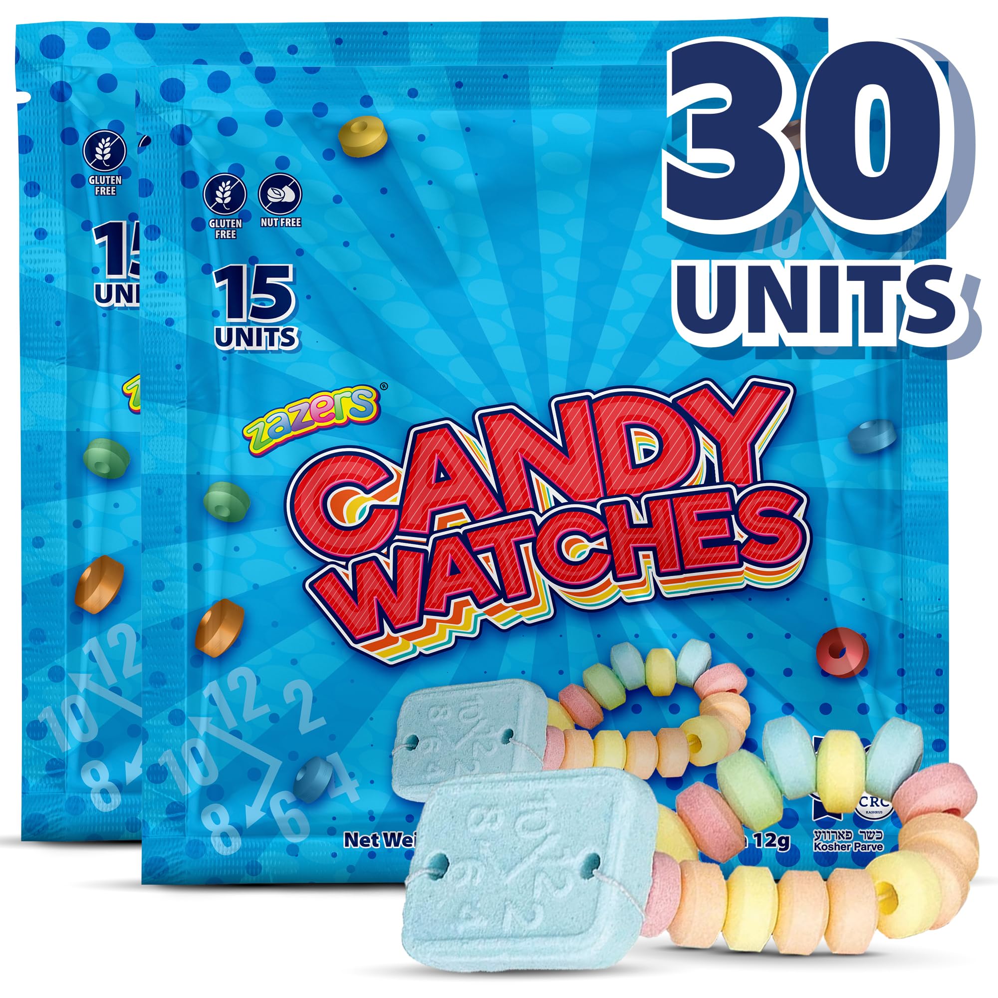 30 Candy Bracelet Watches Party Favors - Pack of 30 Blue Individually Wrapped Candy Bracelets with Colorful Fruit Flavor - Stretchable, Edible, Fruity