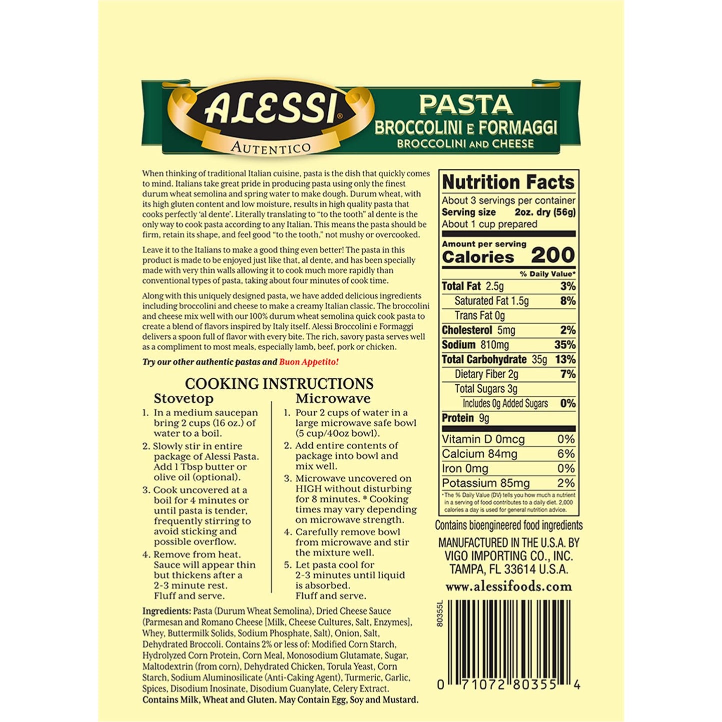 Alessi 4 Minute Pasta (Broccolini & Cheese, 6.35 Ounce (Pack of 1))