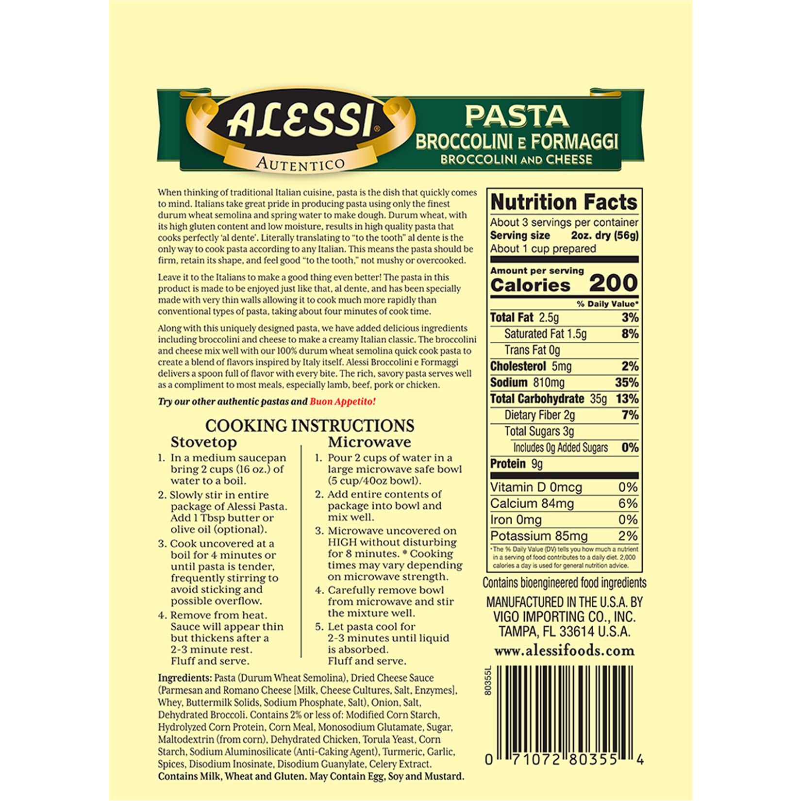 Alessi 4 Minute Pasta (Broccolini & Cheese, 6.35 Ounce (Pack of 1))