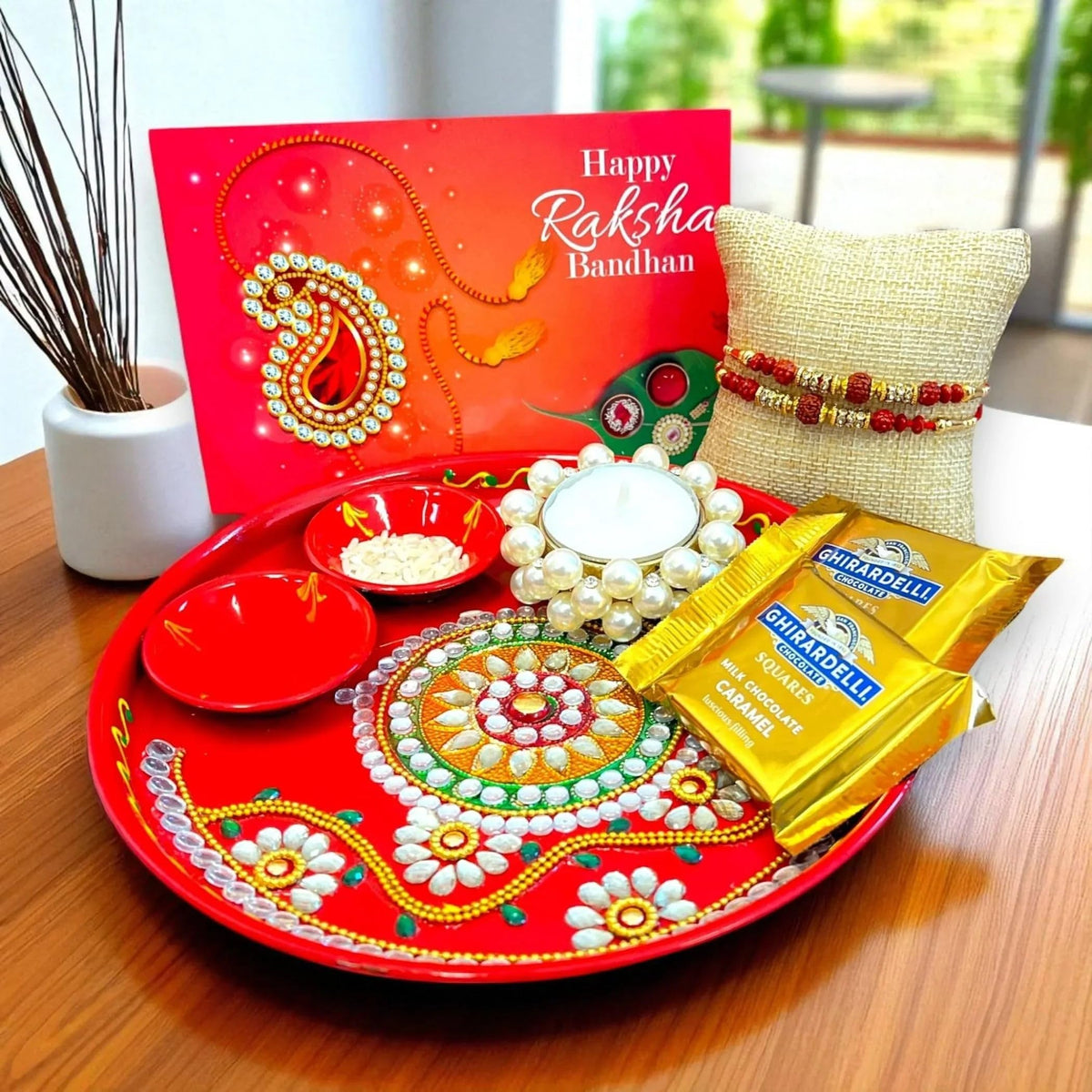 LOVENSPIRE Peacock Rakhi Gift Hamper Set for Brother & Bhabhi - Includes 2 Rakhi Bracelet, Decorative Puja Plate, Chocolates & Roli Chawal Peacock