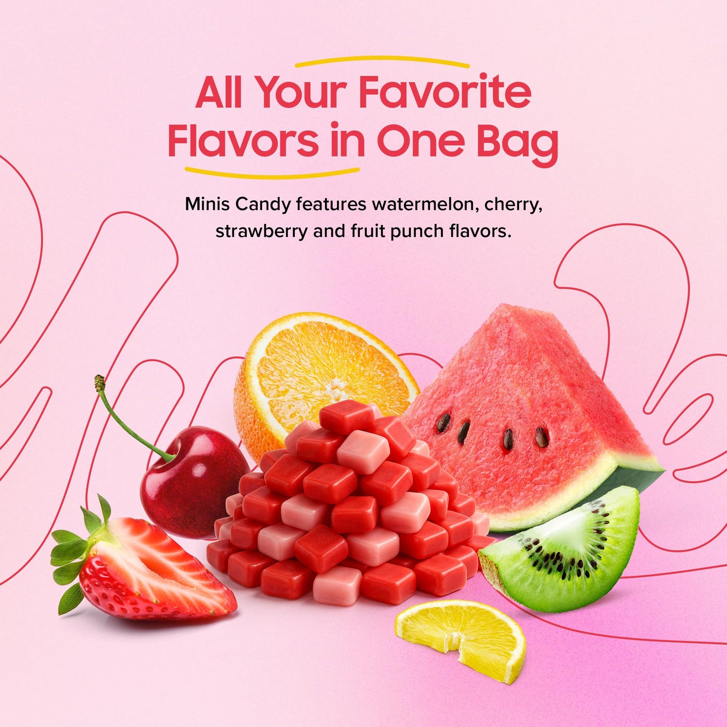 Fruit Chews Candy 2 lbs | Assorted Flavor Strawberry, Fruit Punch, Watermelon & Cherry | Unwrapped Pink Candy in Bulk | Big Bag of Mini Candies |