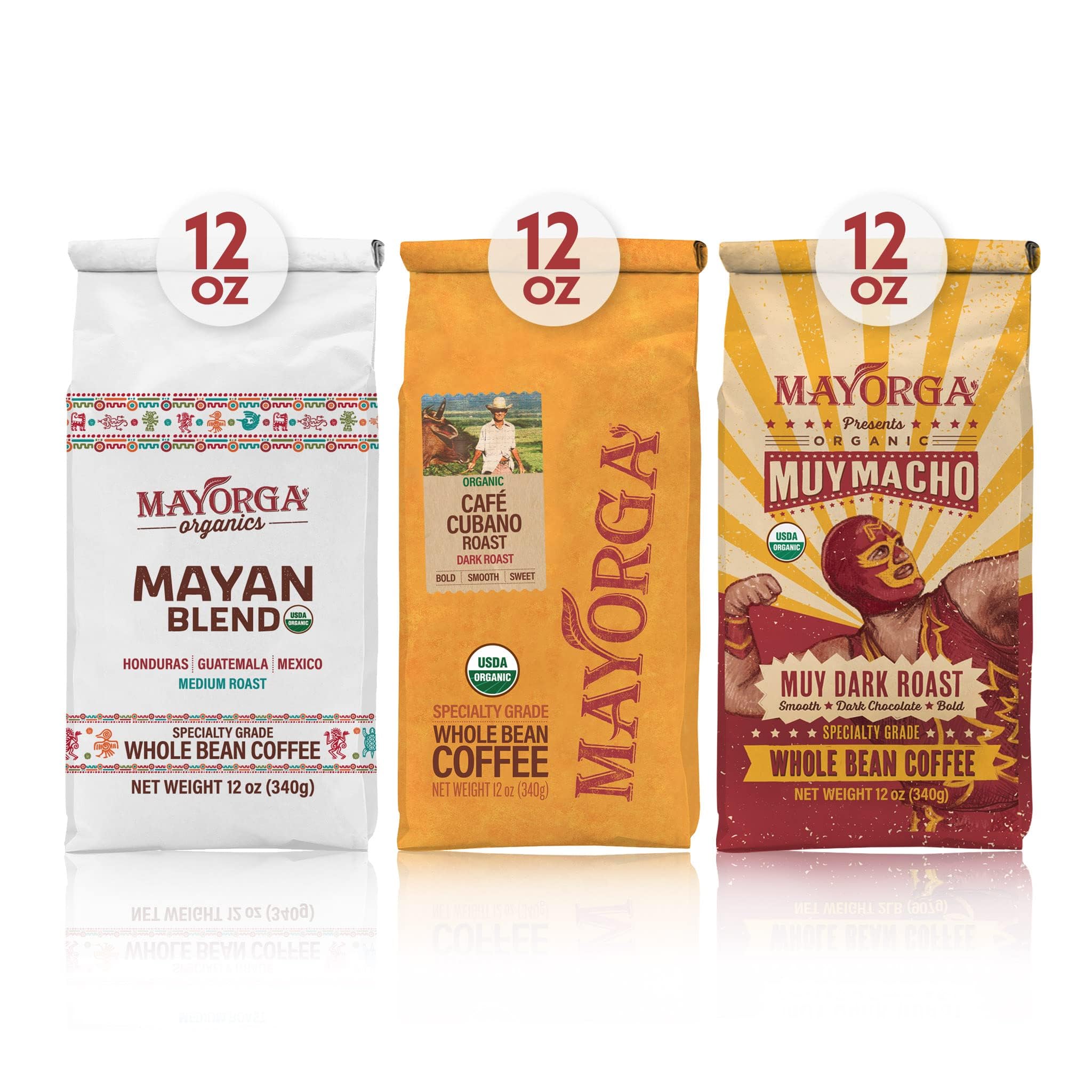 Mayorga Dark Roast Coffee Gift Pack of 3, 12 oz bags- Mayan Blend, Cubano Roast and Muy Macho - 100% Arabica Café Whole Coffee Beans - Smoothest