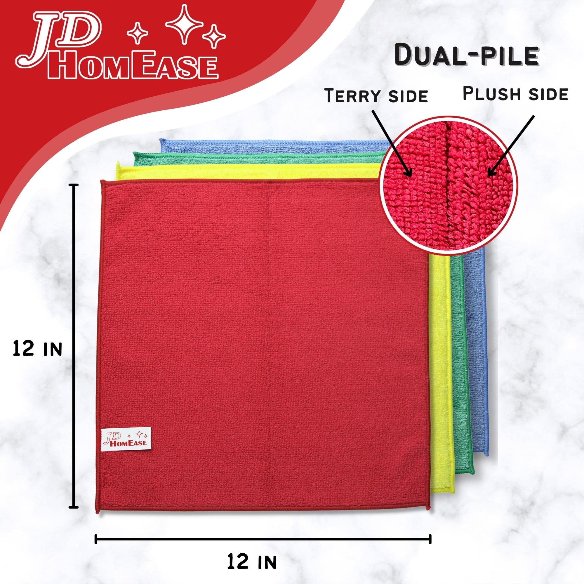 JD Homease Microfiber Cleaning Cloths,12 Pack, 12"x12", All-Purpose, Softer, Highly Absorbent, Lint-Free, Reusable, Washable Pro Towel 4 Colors