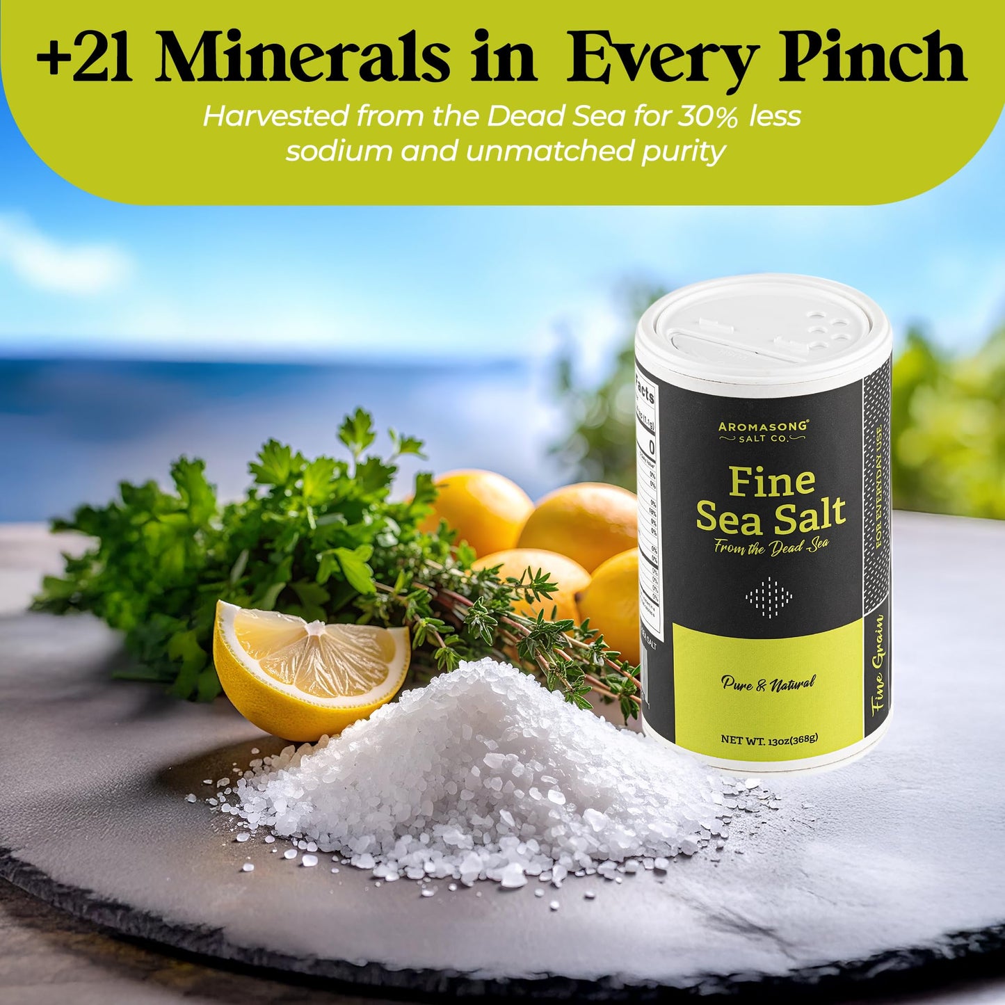 Aromasong 100% Natural Sea Salt from the Dead Sea, Fine Grain Table Salt, 13 OZ. Salt Shaker, 100% Pure & Natural, Unrefined, Gluten Free, Sea Salt