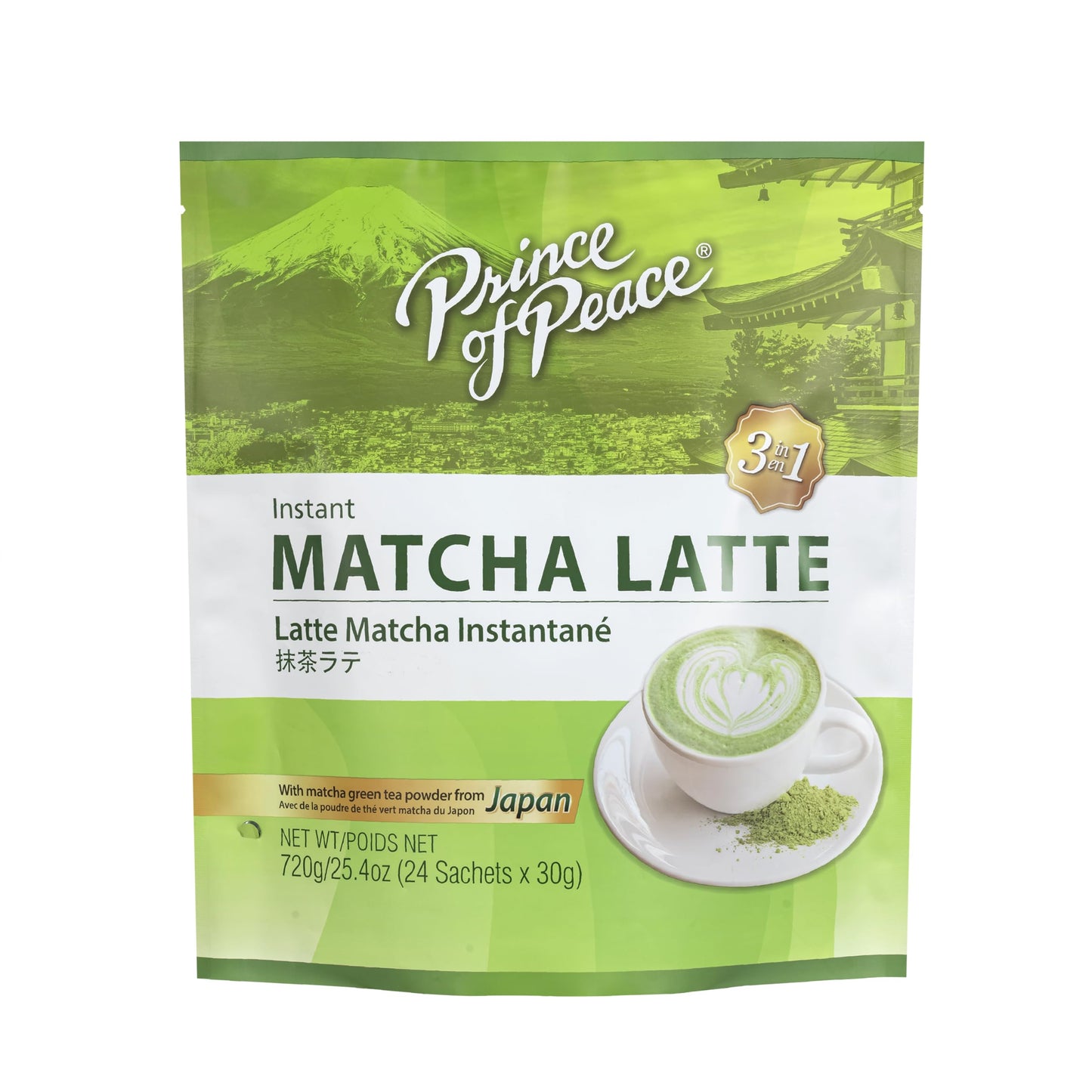 Prince of Peace 3 in 1 Matcha Latte Instant Beverage, 24 Sachets - Made with Matcha Powder from Japan - Instant Hot or Cold Beverage - Easy to Brew