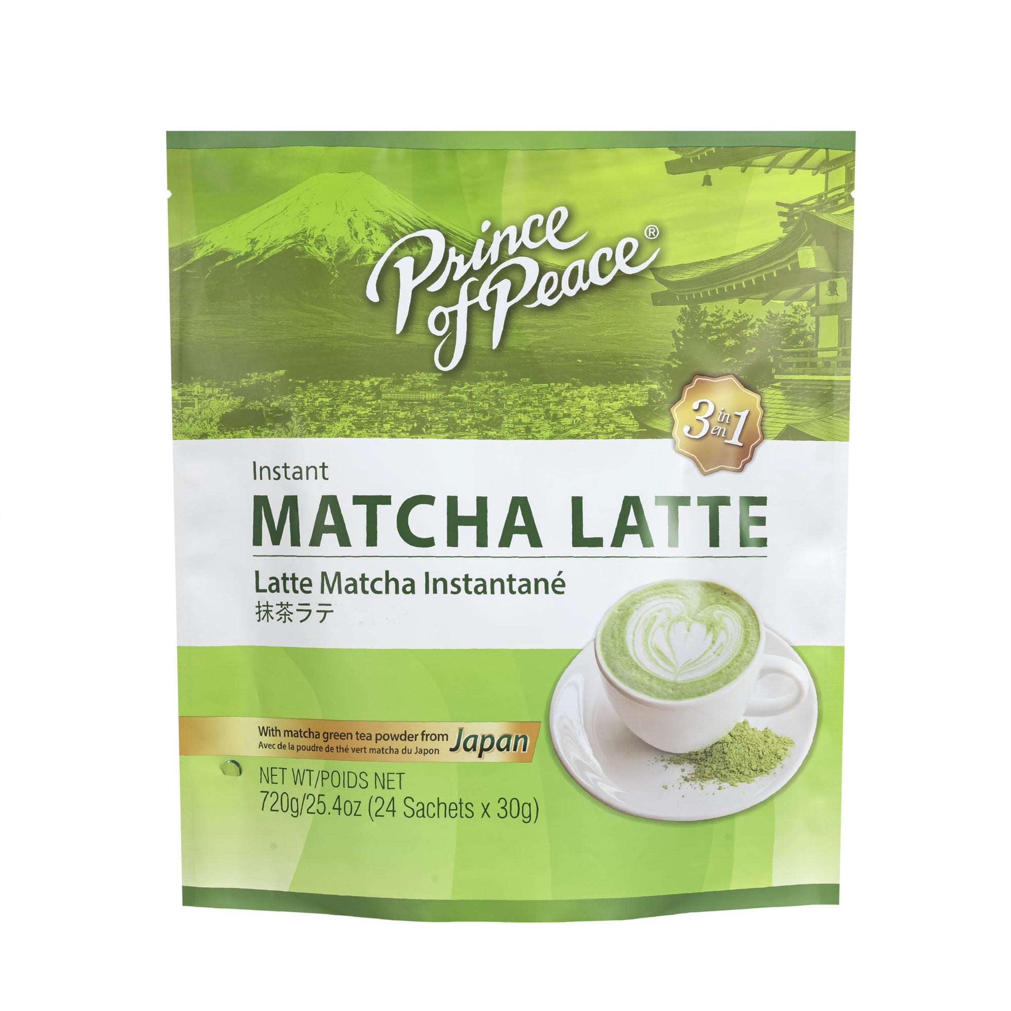 Prince of Peace 3 in 1 Matcha Latte Instant Beverage, 24 Sachets - Made with Matcha Powder from Japan - Instant Hot or Cold Beverage - Easy to Brew