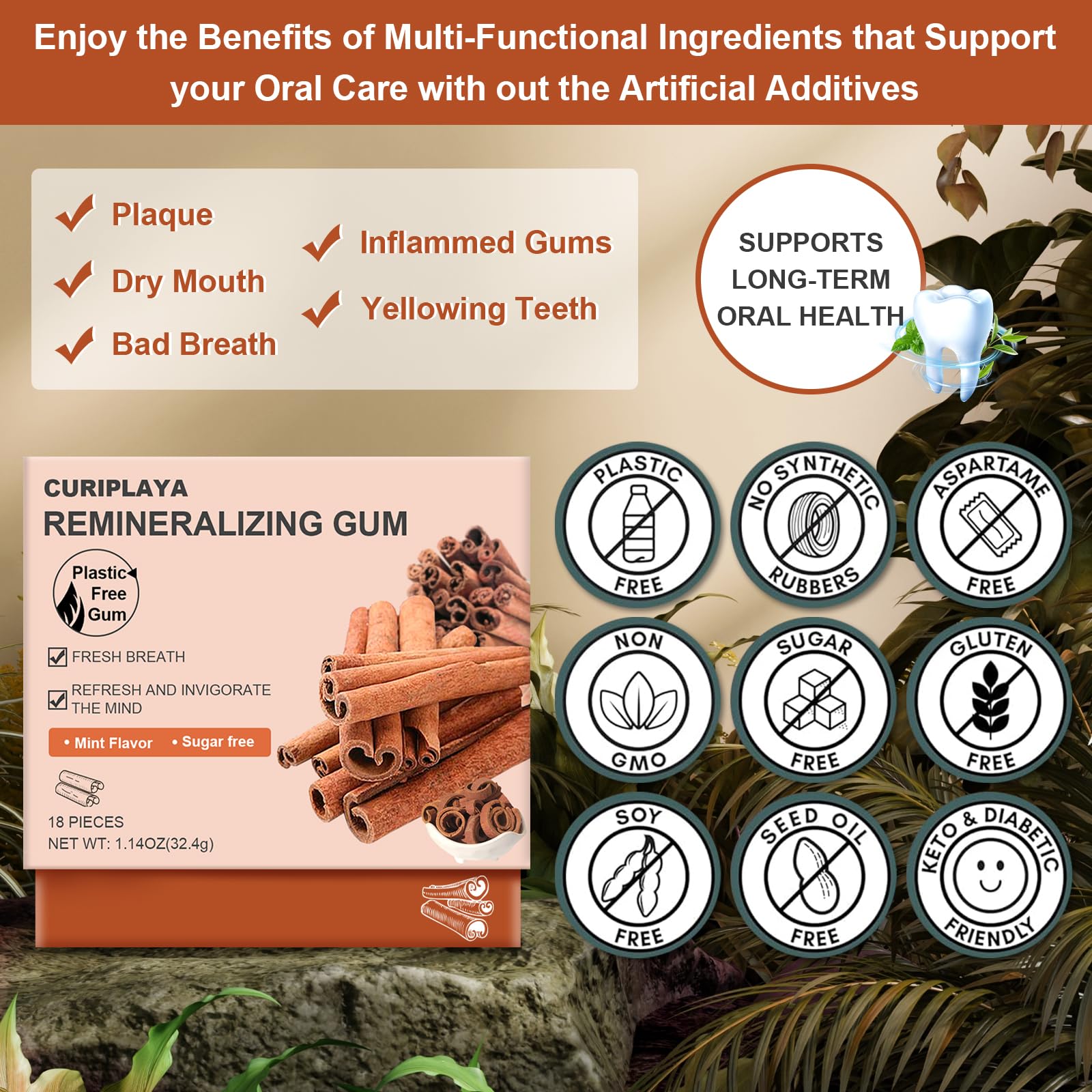 Remineralizing Chewing Gum with Hydroxyapatite, Xylitol - Enamel Protection, Fresh Breath Oral Health, No Aspartame, Dyes, Gluten, Sugar Free, Natural