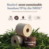 Betterway Unbleached Bamboo Toilet Paper Rolls - Eco-Friendly 3 Ply Toilet Tissue - 12 Long-Lasting Rolls - 360 Sheets/Roll - Organic, FSC Certified